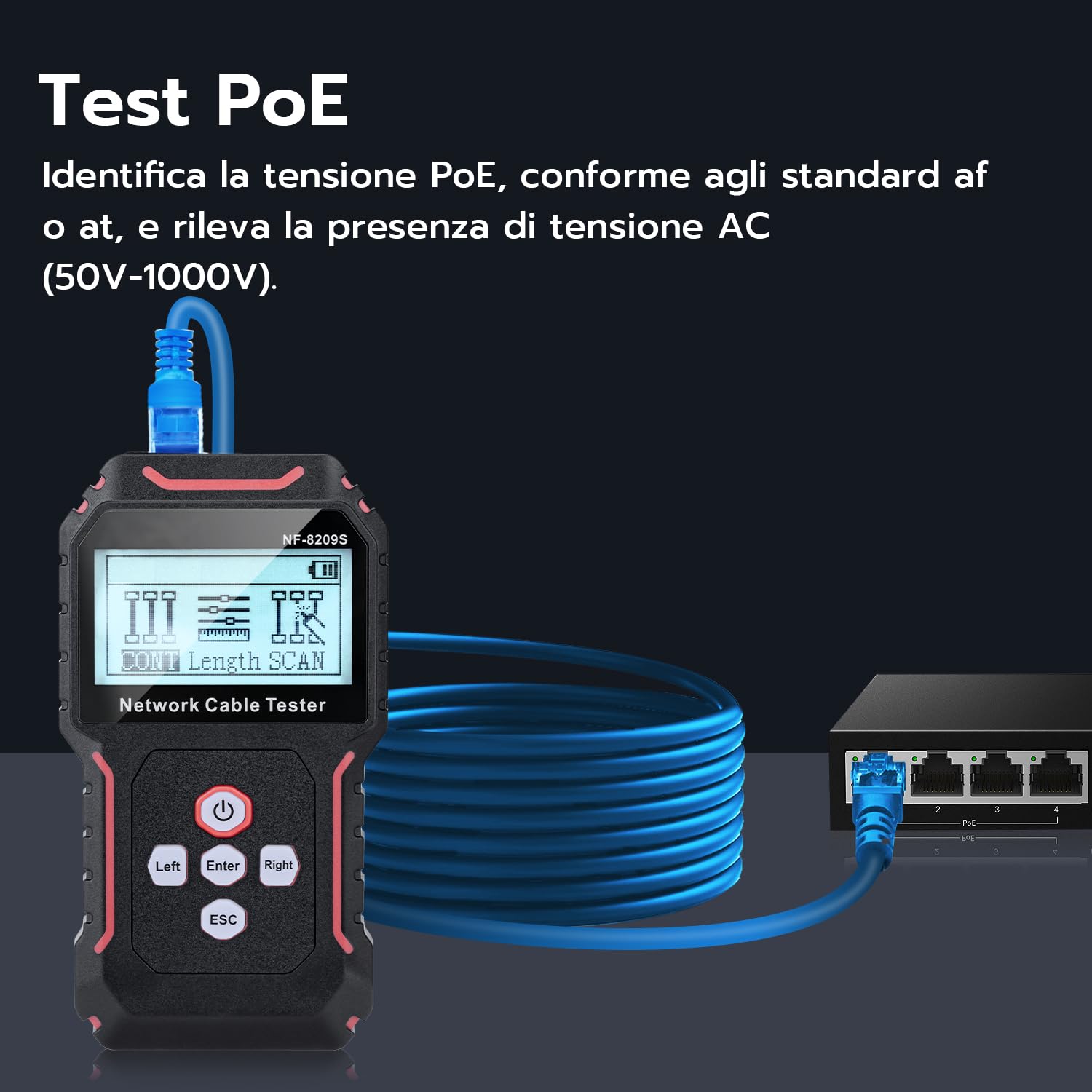 Mcbazel Tester per Cavi di Rete con PoE e NCV, Misurazione della Lunghezza del Cavo, Porta Flash, Rilevatore di Line