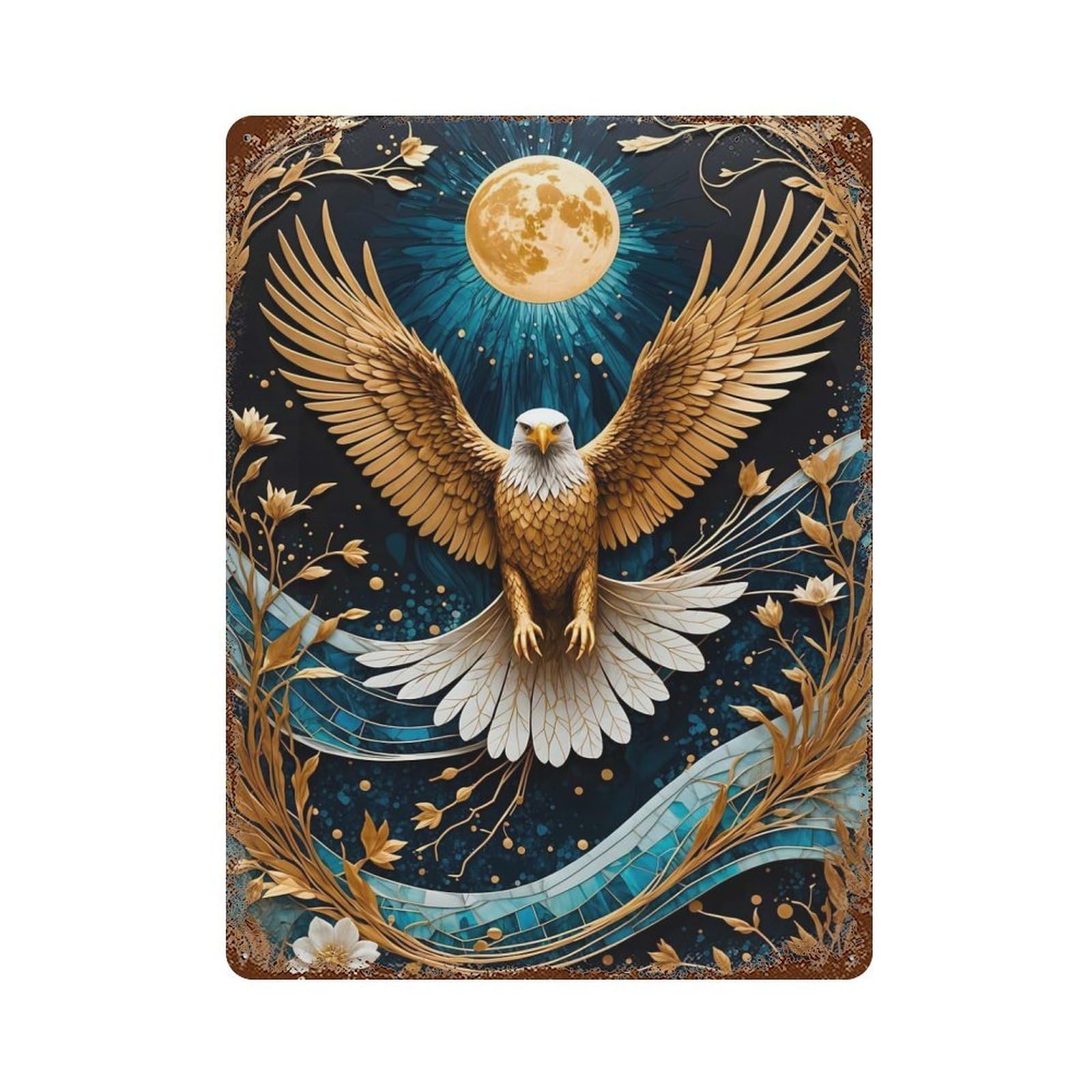 Rustic Tin Plaque with Golden Eagle Moon Kintsugi Design 15.7"x11.8", for Cafe, Home Bar And Lounge Decor, Industrial Home Decor