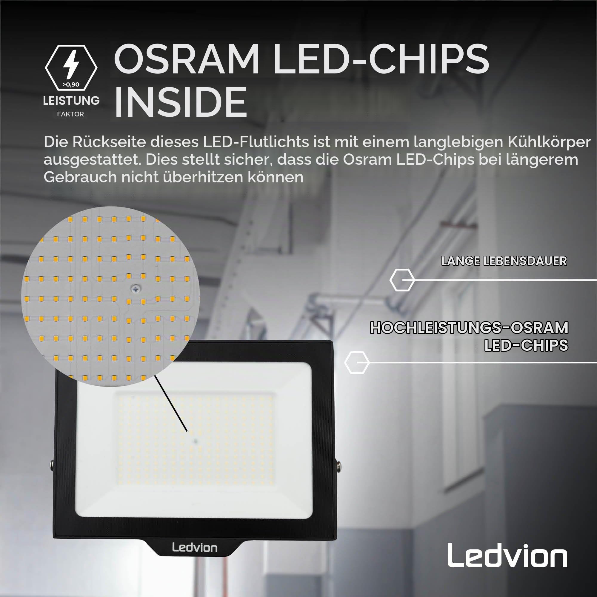 Ledvion LED Strahler, Inkl. 0,5M Kabel, 200 Watt Osram LED Strahler, 6000K Weitstrahl, 24000 Lumen Arbeitslicht, Außen Strahler IP65 wasserdicht, Weitstrahl mit Schnellkupplung