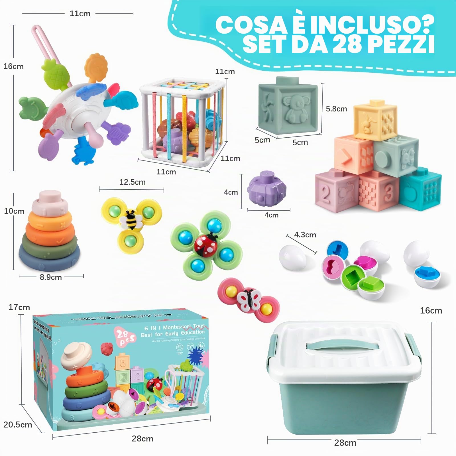 Plunack Montessori Giocattolo per Bambini 18 Mesi a 3 Anni, 6 in 1 Neonato Giocattoli Sensoriale, Blocchi e Anelli impilabili, Regalo di Compleanno per Bambini