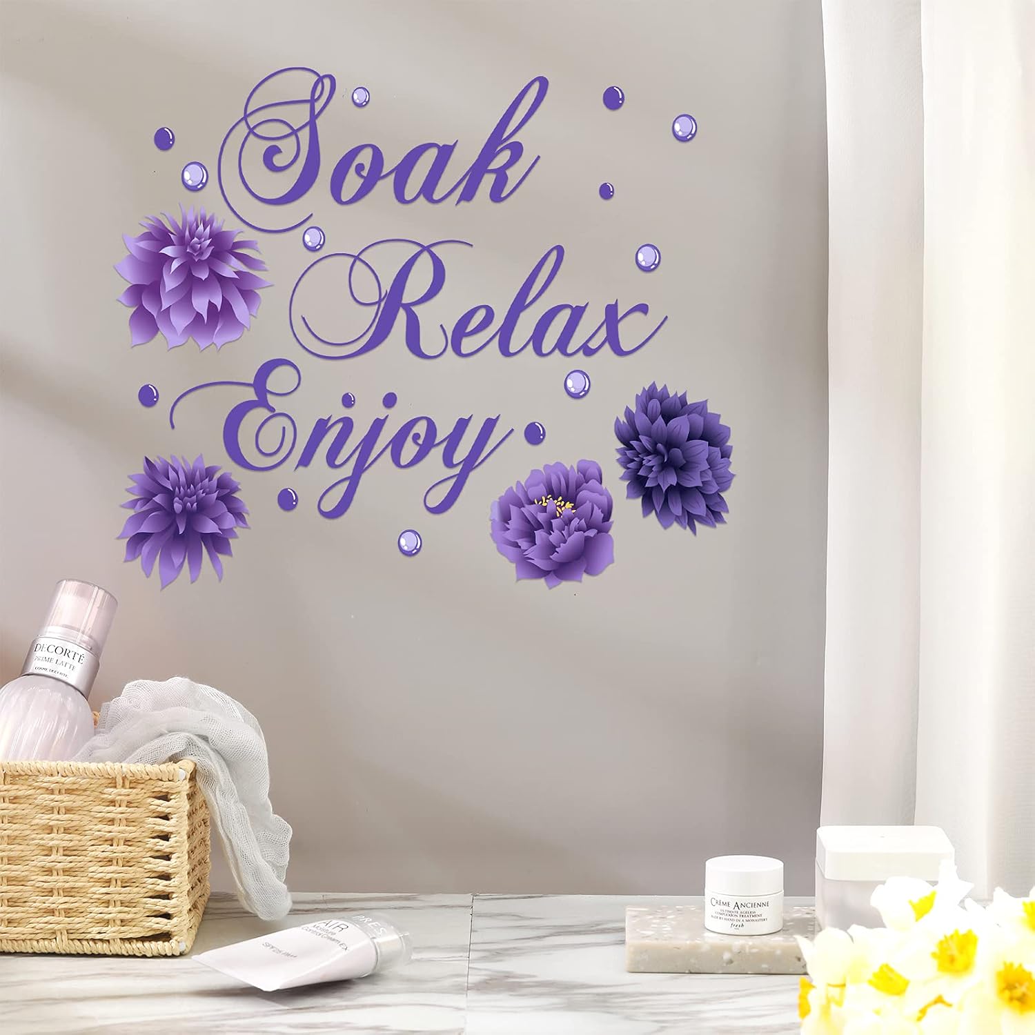 Bathroom Wall Decals Soak Enjoy Relax Bathroom Wall Decor Stickers Waterproof Flower Sign Sticker for Bedroom Bathroom Kitchen Living Room DIY Decorations (Purple)