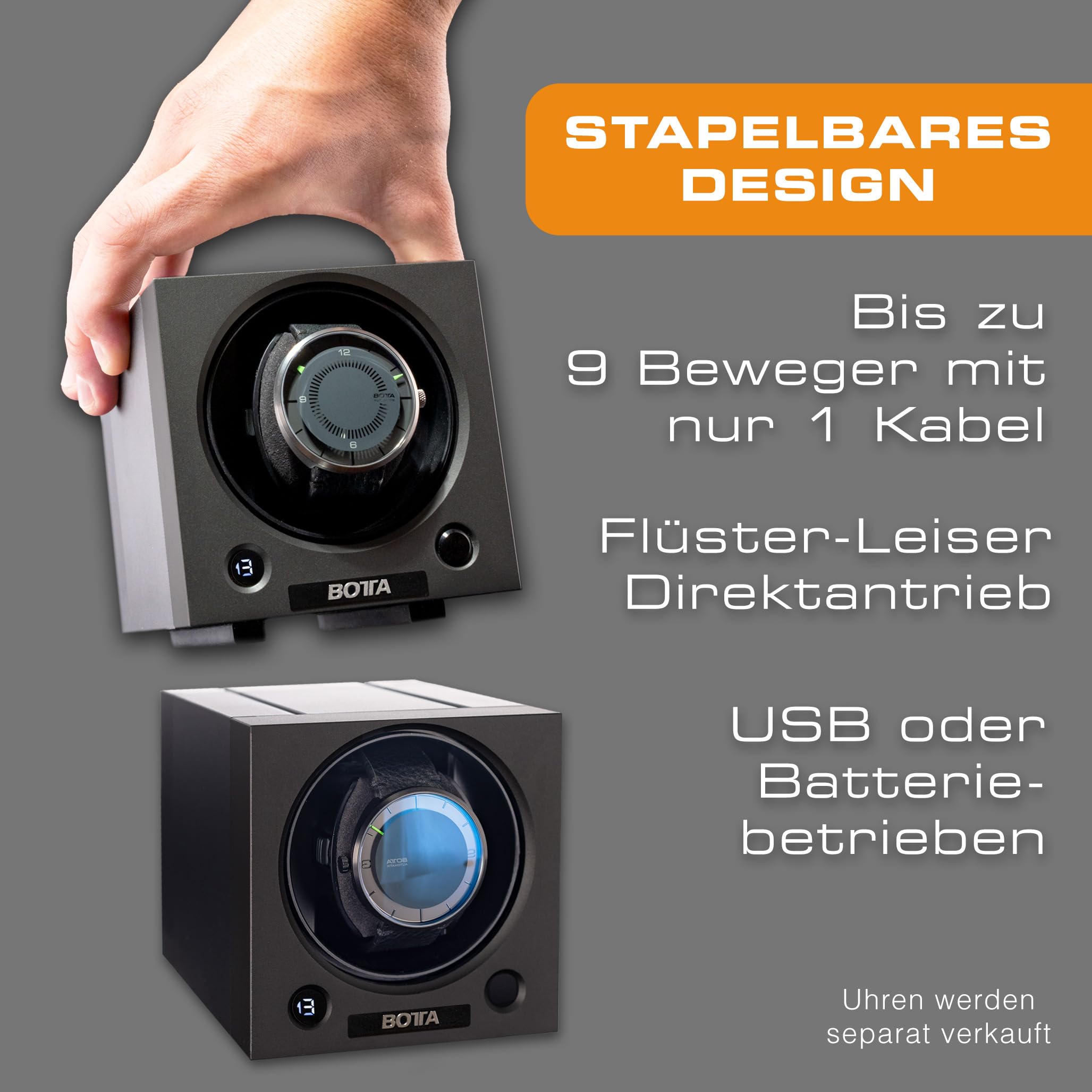 botta Uhrenbeweger mit leisen Direktantrieb, 9 Programme, USB/Batterie