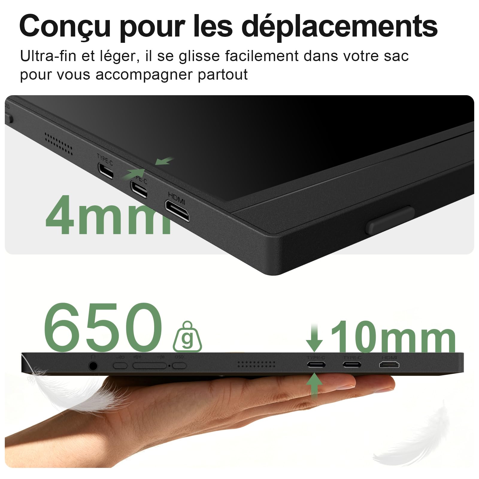Ecran Portable 15,6" FHD IPS HDR Moniteur PC Screen avec Béquille | 1080P avec Haut-parleurs USB-C HDMI pour Ordinateur Portable/PC/Mac, Deuxième Écran pour Teletravail/Nomade Digital/Gamer