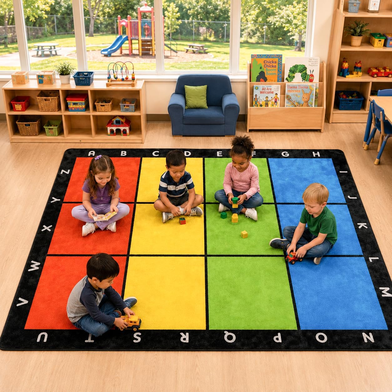Classroom Carpets Playmat Rugs - 5x7 Ft Kids Rug with Rubber Backing, Colorful Squares with Letters Classroom Seating Rug Play Mat Nursery Rugs for Preschool Elementary Playroom -12 Seating