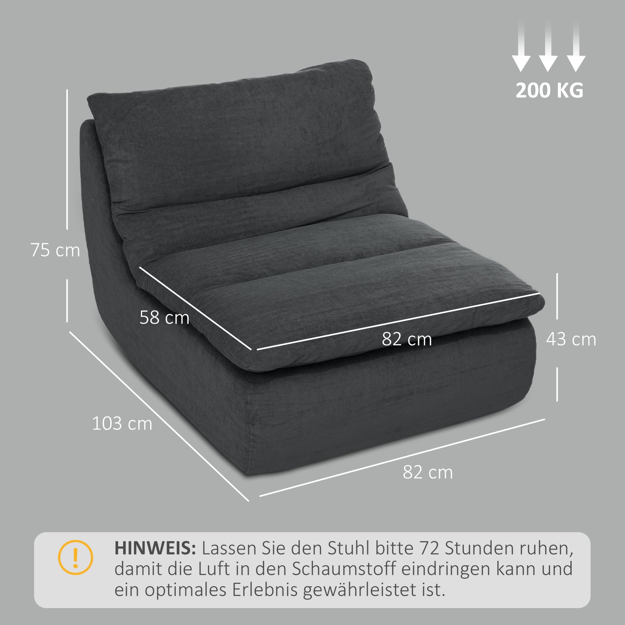 HOMCOM Bodenstuhl mit einteiligem ultrahochdichtem Schaumstoff, Bodensessel Lazy Sofa mit Samtoptik Meditationsstuhl Relaxsessel für Zuhause, Büro, Grau