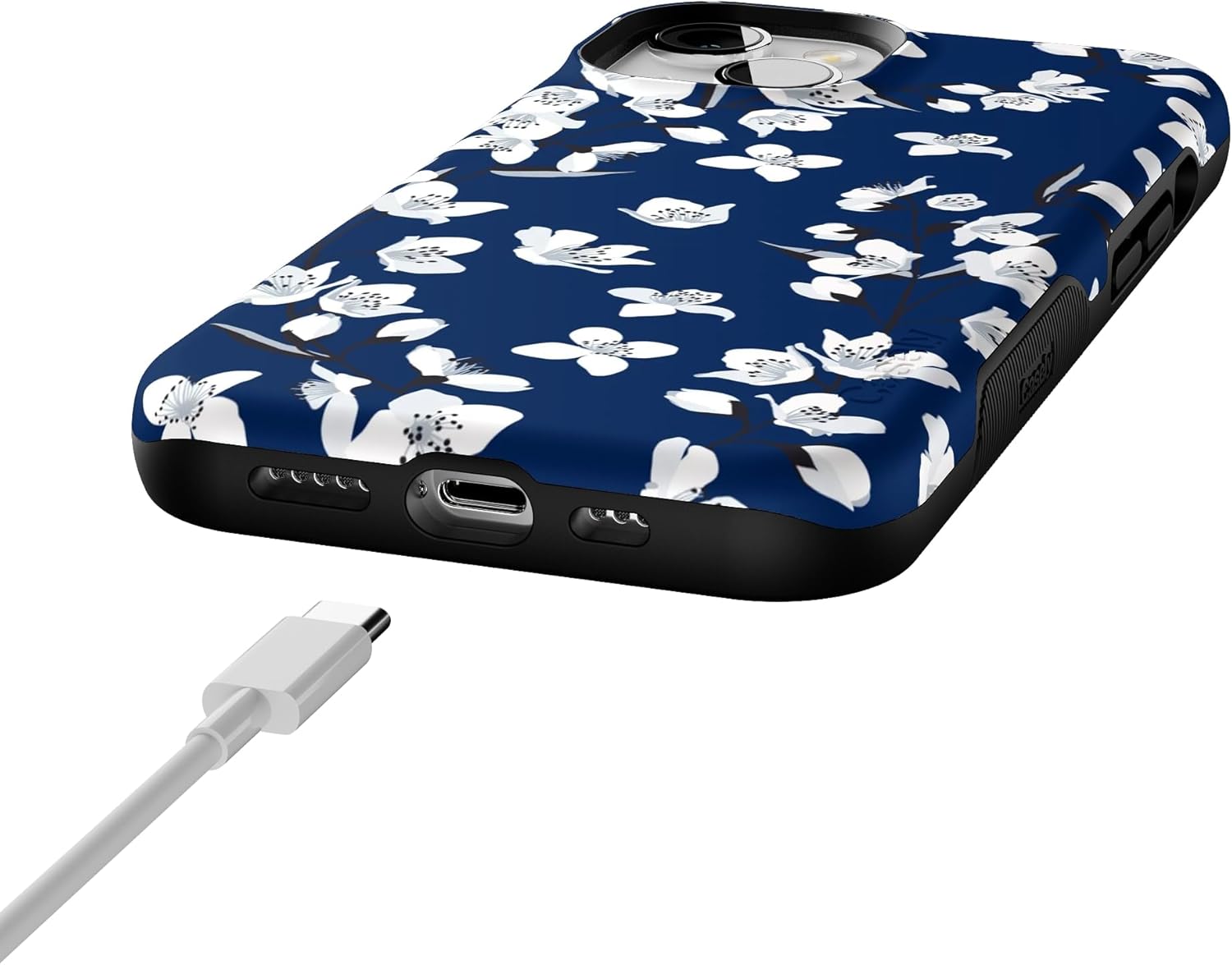 Casely iPhone 14 Case | Floral Forest | Navy Cherry Blossom Floral | Bold Protective Design | Compatible with MagSafe