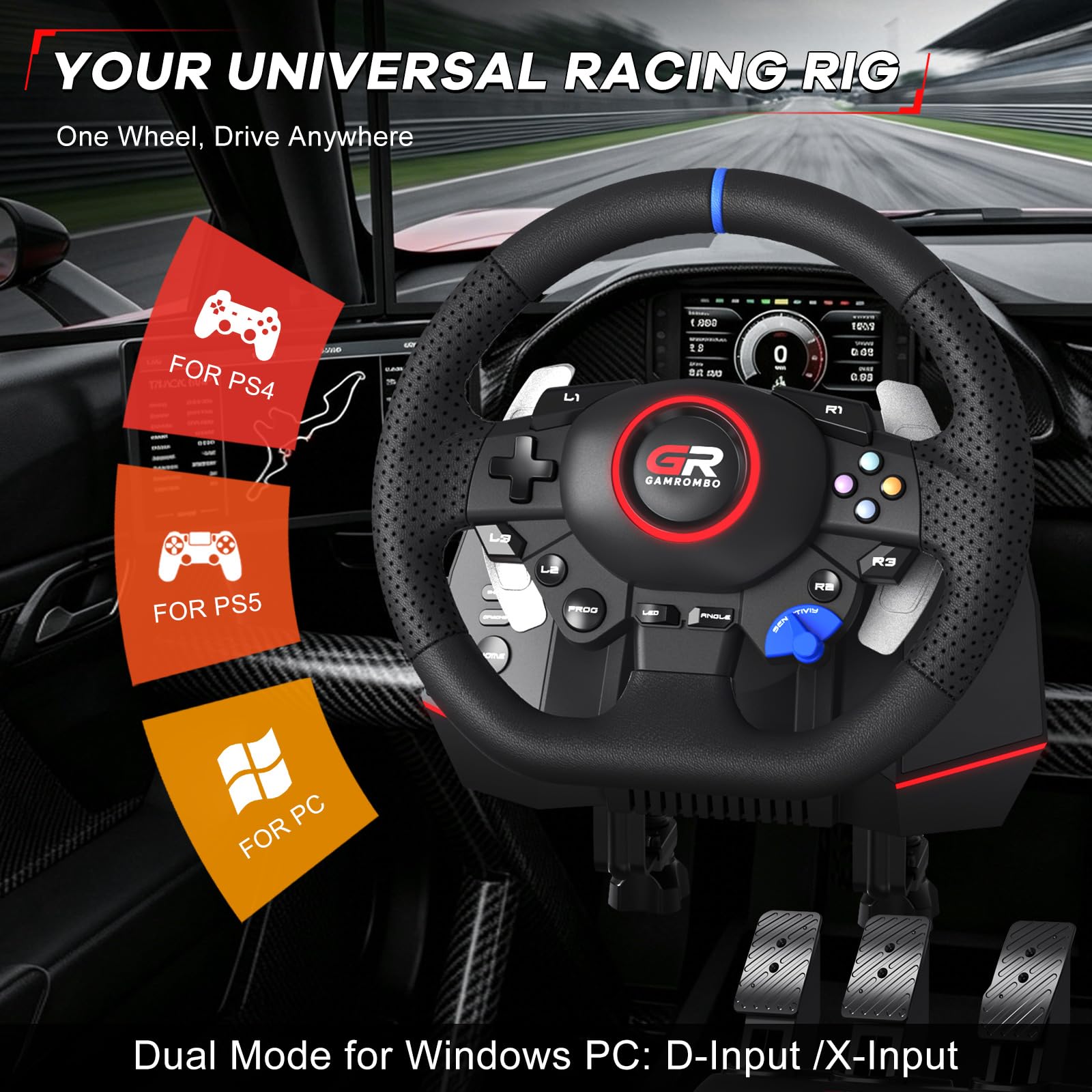 Gamrombo Set di ruote da corsa da 11 pollici per PS5/PS4/PC | con pelle cucita a mano, rotazione di 270°/900°, doppia vibrazione, RGB, Prog Remap, pedale e cambio