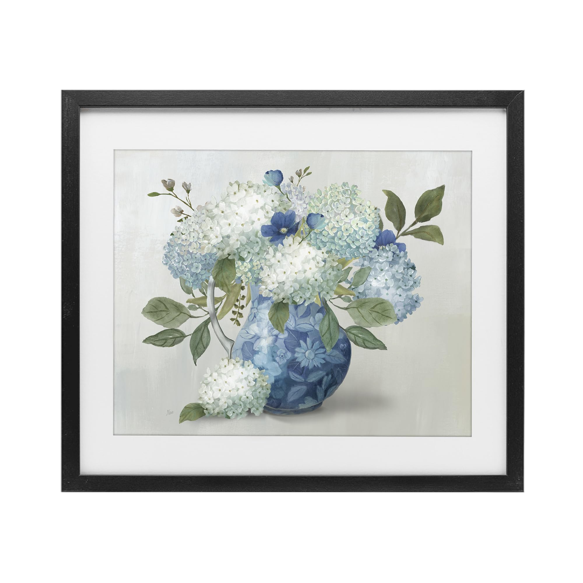 Stupell Industries Ornate Vase with Hydrangeas, Cool Floral Bouquet for Dining Room, Elegant Botanical Decor, 13 x 16 Inch Framed Matted Print Under Glass, by Nan, Made in USA Gift
