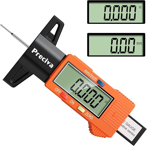 Tyre Tread Depth Gauge, Preciva 0-25.4mm/Inch Digital Tire Checker UK, Tyres Surface Measuring Tool with Large LCD Screen for Cars, Trucks, Motos, Orange - 1