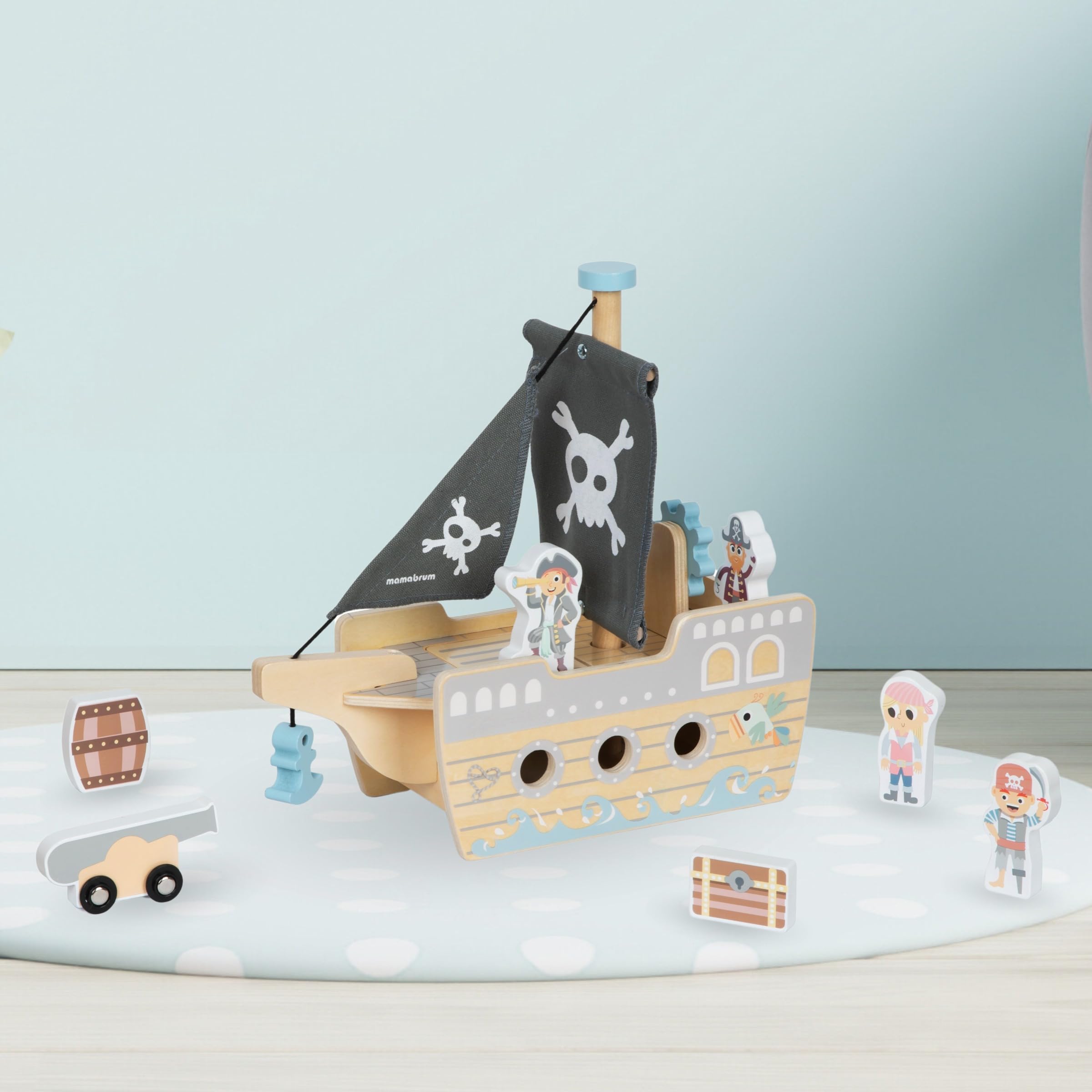 mamabrum Nave Pirata in Legno per Bambini dai 3 Anni in su, Nave Giocattolo con Ponte Apribile e Accessori Inclusi, Nave Pirata Giocattolo con Figure di Pirati