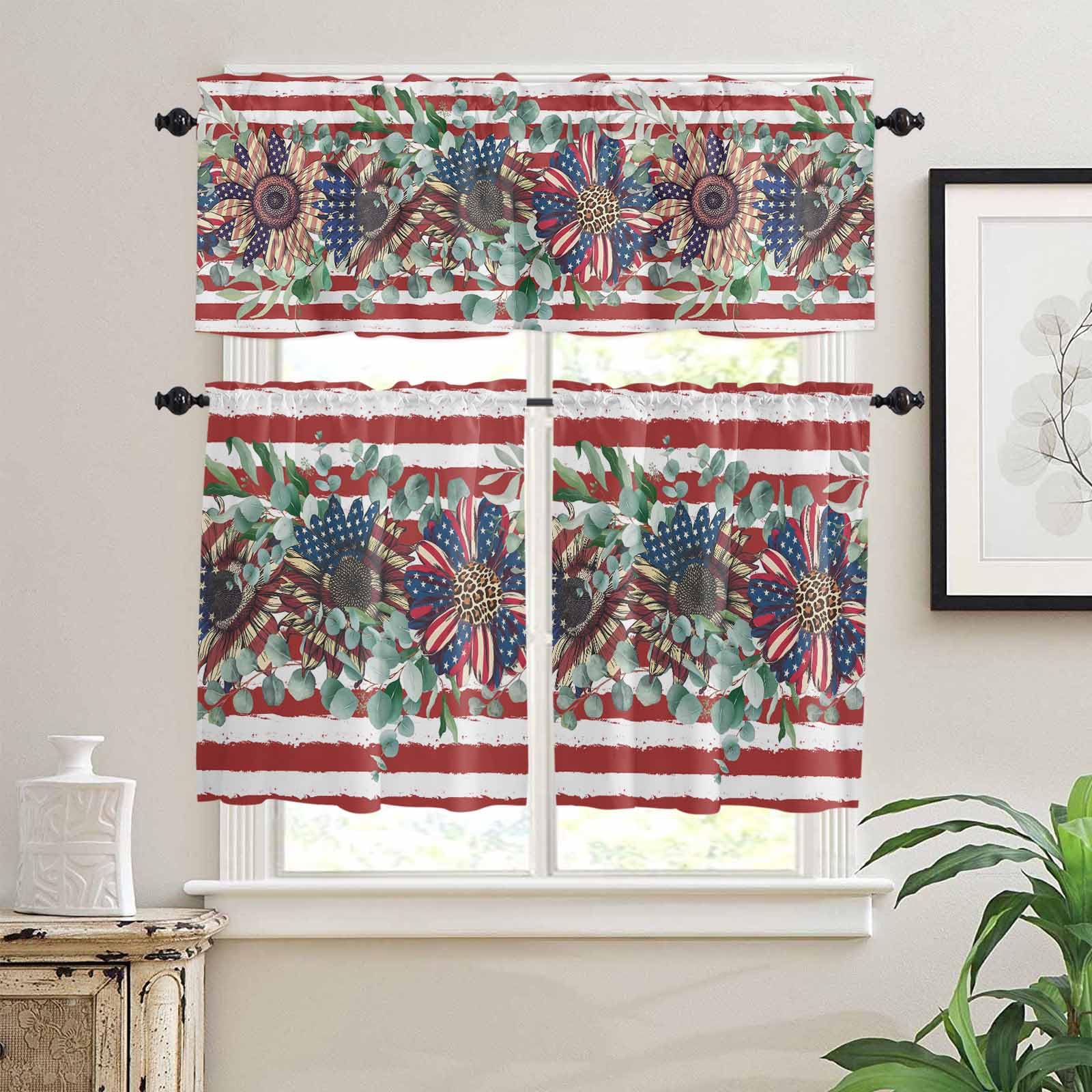 4th of July Kitchen Curtains 36 Inch Length,3 Piece Rod Pocket Small Half Tiers and Valance Set,Red Striped Independence Day Star Botanical Small Large Window Treatment Decor for Bedroom/Bathroom