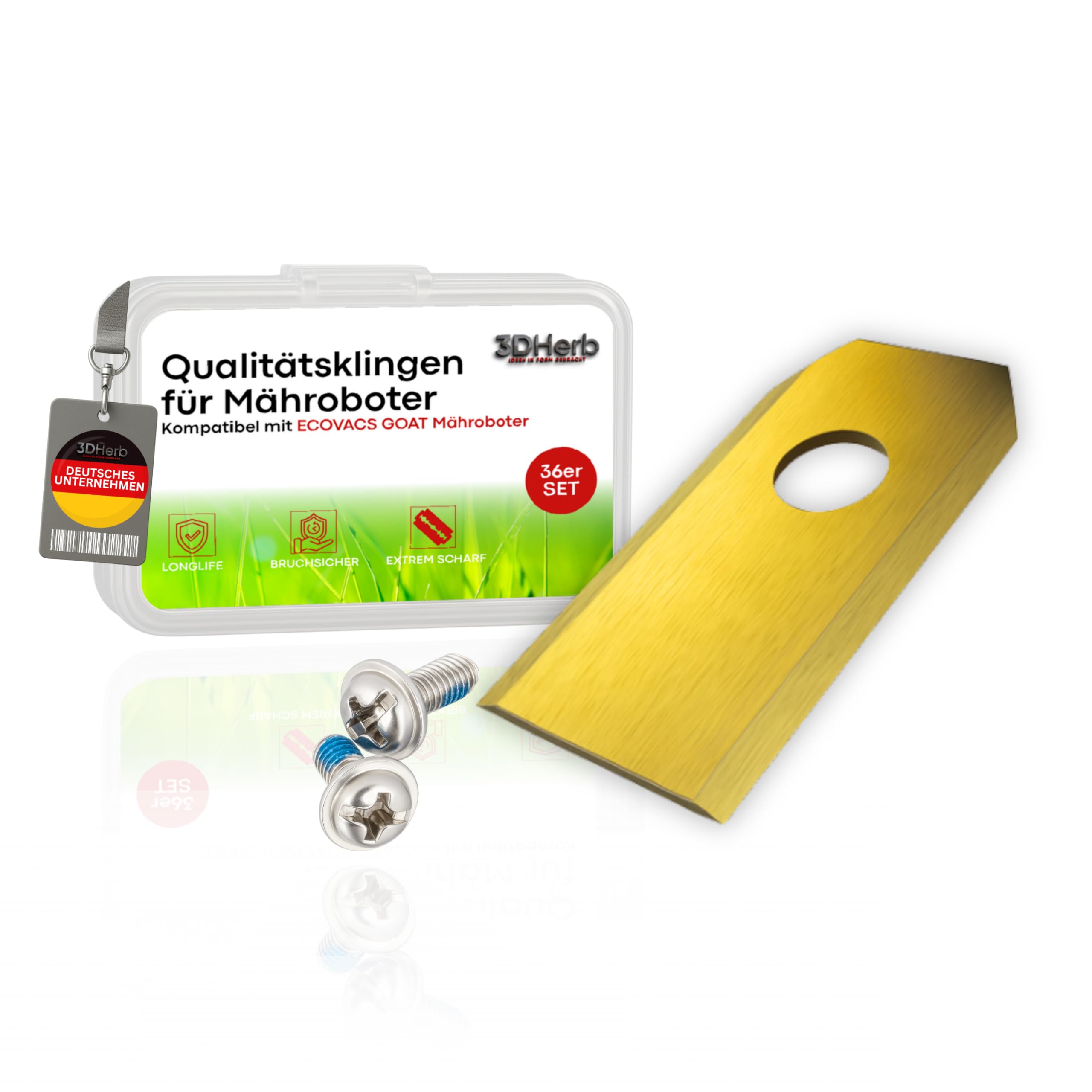 36 x Premium Titan Ersatzmesser + Schrauben mit Sicherung, Ersatzklingen kompatibel mit ECOVACS Goat Mähroboter -für langen, scharfen Schnitt (36er Set Klingen) - titancarbit beschichtete Klingen