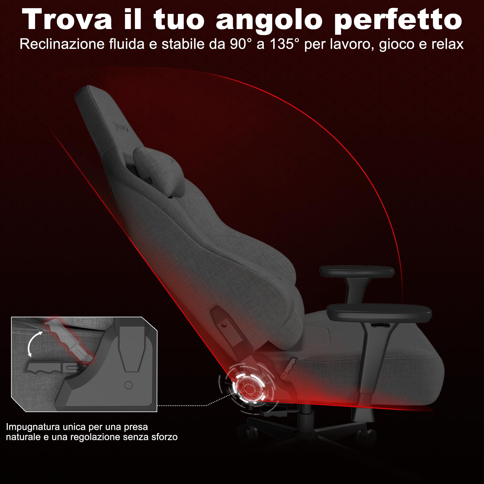 Devoko Sedia Gaming Ergonomica in Tessuto Traspirante, Schienale 90–135°, Braccioli 3D Regolabili, Supporto Lombare e Poggiatesta, Sedia Ufficio Gaming per Adulti, Grigio Scuro