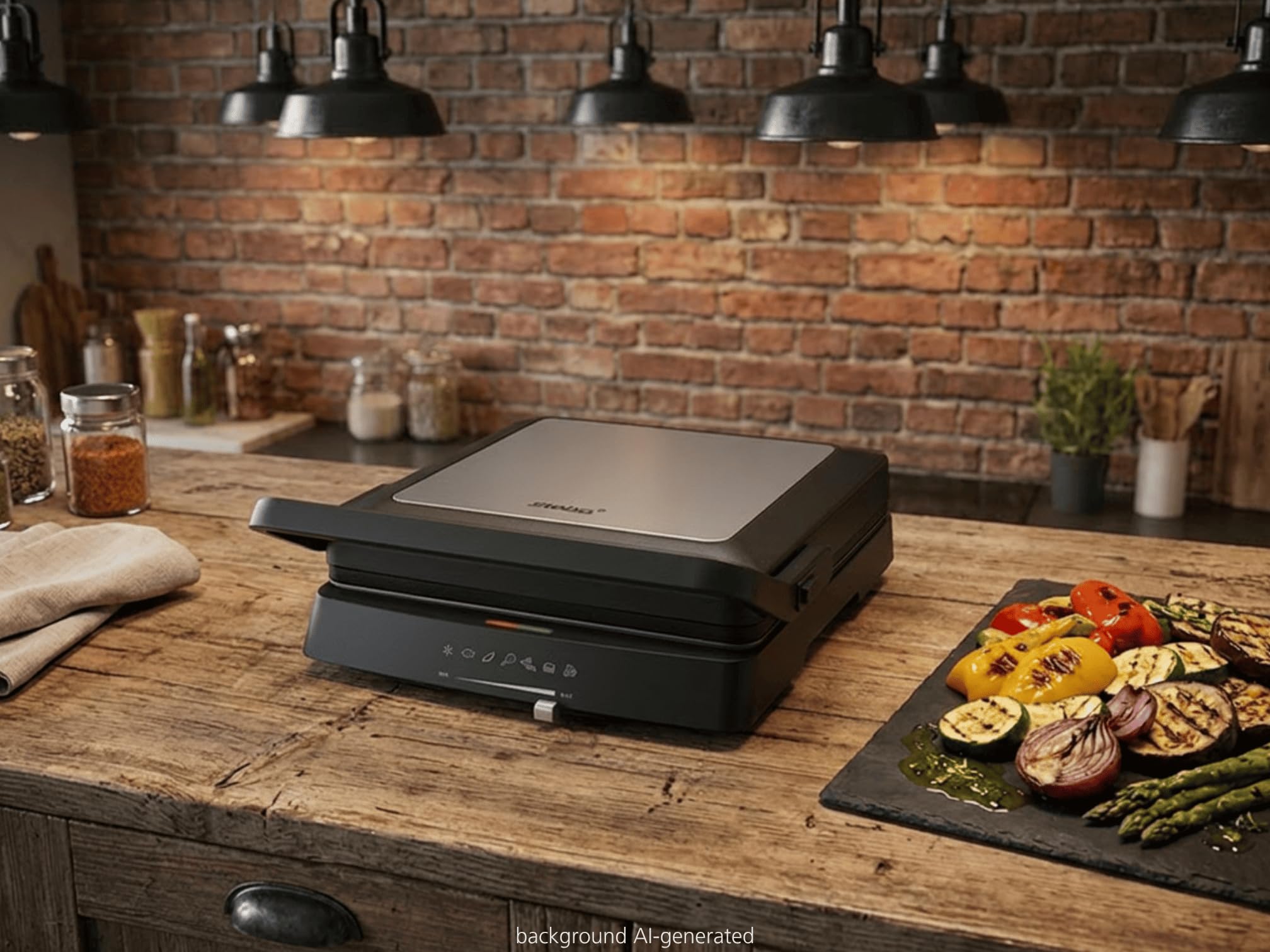 Steba FG 75 grill stołowy i kontaktowy | Płyty grillowe niezawierające PFAS: 27 x 24 cm, lampa kontrolna pracy i temperatury, rozkładana o 180°