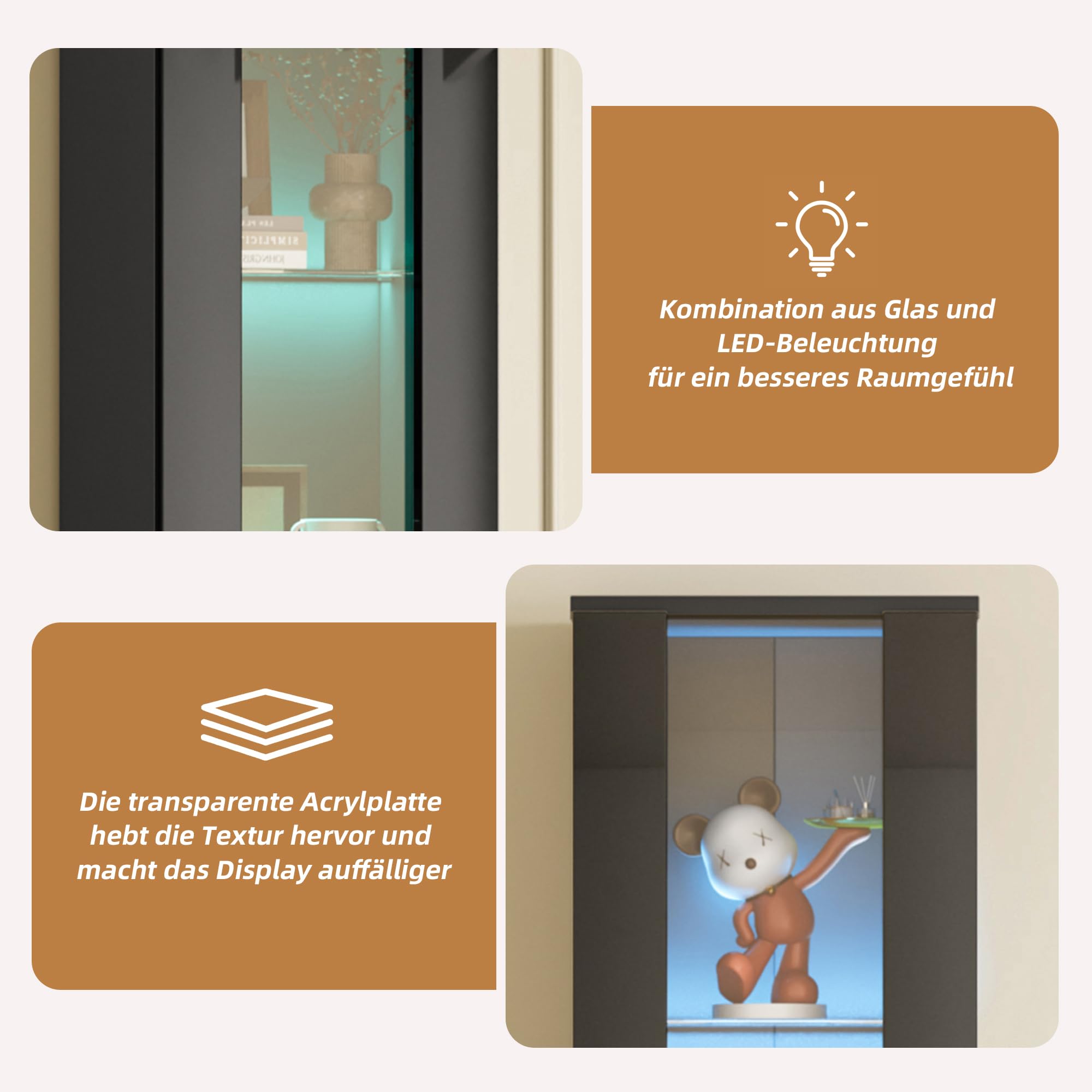 Bladez Vetrina con illuminazione a LED, 40 x 29 x 170 cm, vetrina in vetro a 4 livelli, con vetro acrilico e cambio colore tramite app/telecomando, moderna vetrina da collezione per soggiorno, ufficio