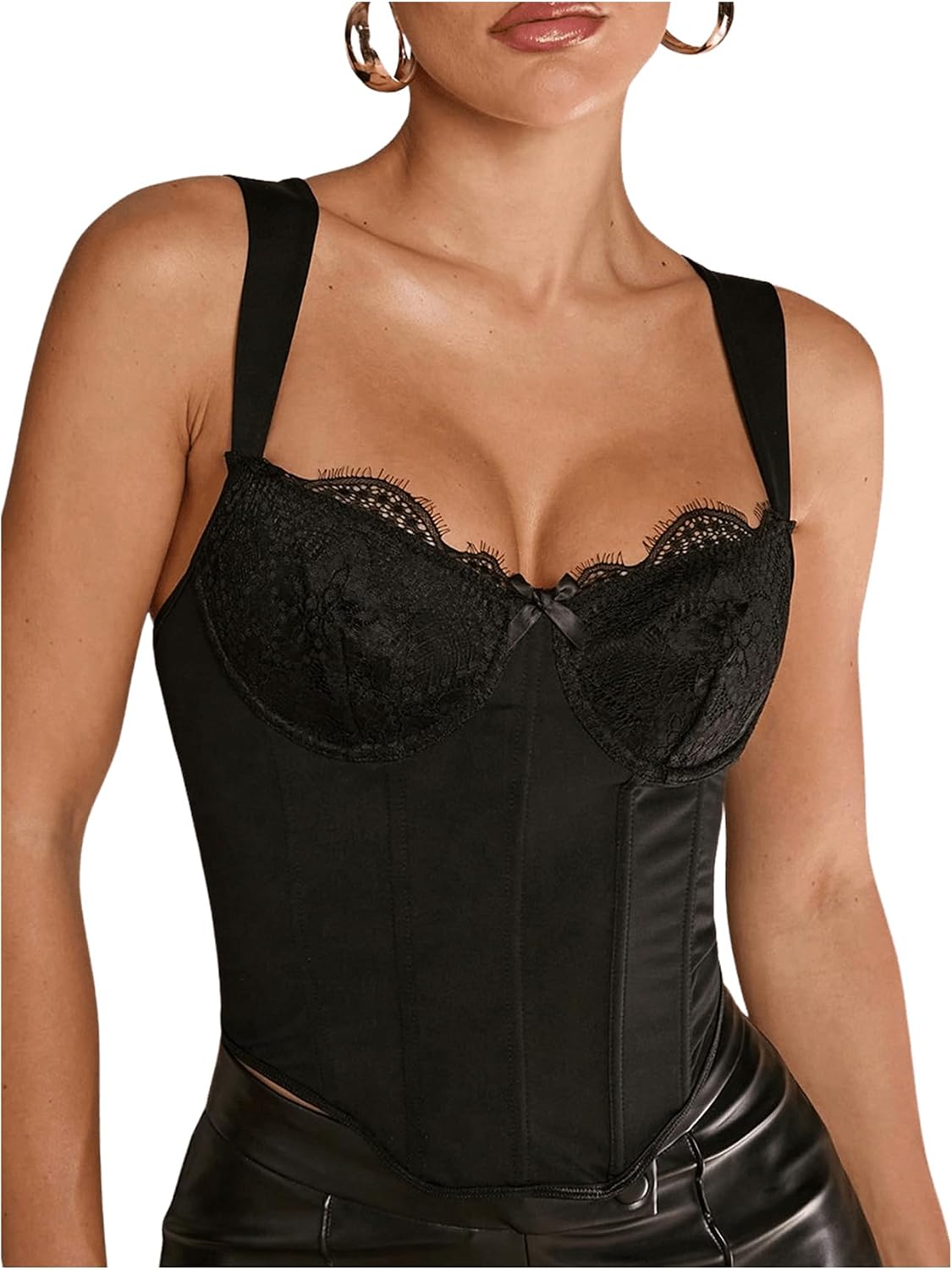 WDIRARA Women's Lace Bowknot Sleeveless Corset Bustier Tops Vintage Underwired Crop Tops