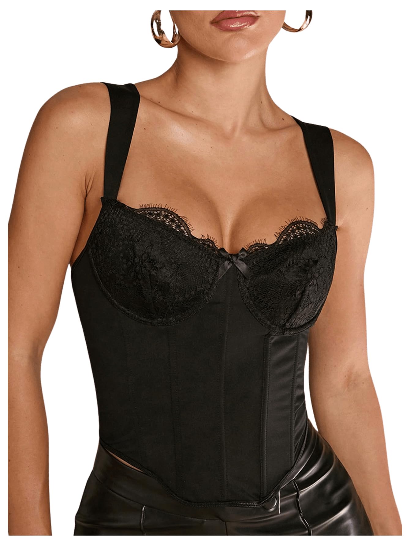 Photo 1 of WDIRARA Women's Lace Bowknot Sleeveless Corset Bustier Tops Vintage Underwired Crop Tops Black Large