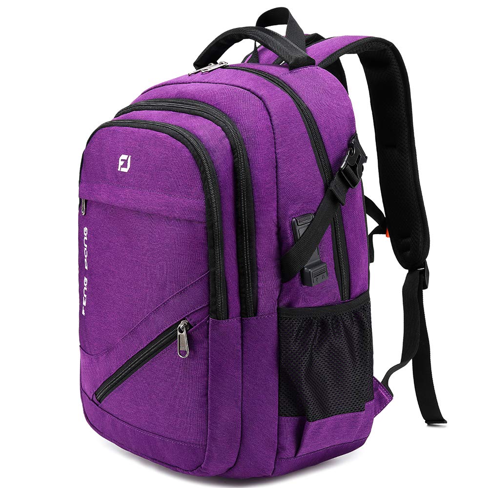 FENGDONG Durable Travel Laptop Backpack with USB Charging Port and Headset Port for Men & Women Fits 17.3 Inch Laptop and Notebook Purple