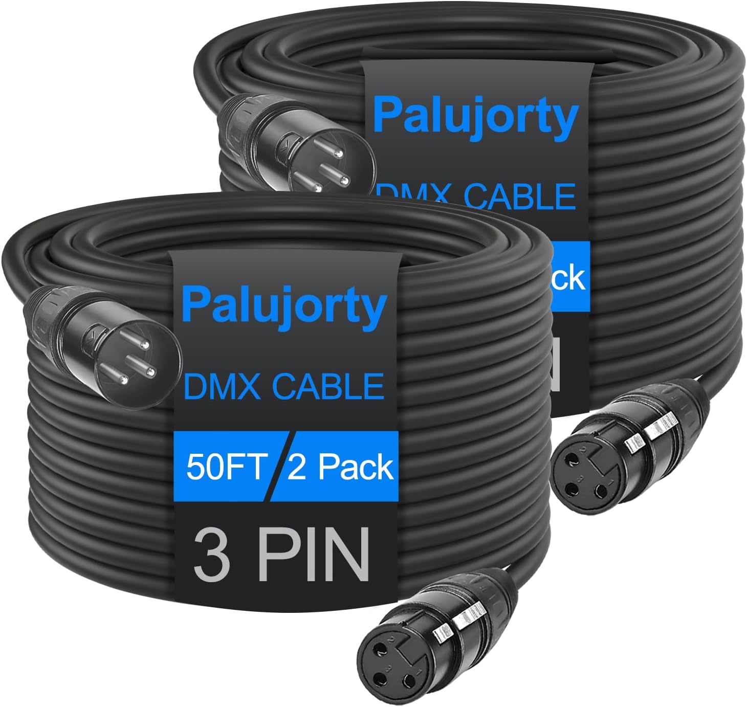 DMX Cable 50 FT 2 Pack 3 Pin for DMX512 Stage DJ Lighting fixtures Controller
