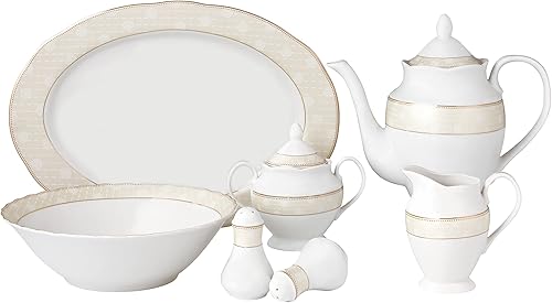 Lorren Home Trends Tova-57 - Juego de vajilla de porcelana ondulada de 57 piezas, colección Tova, color dorado