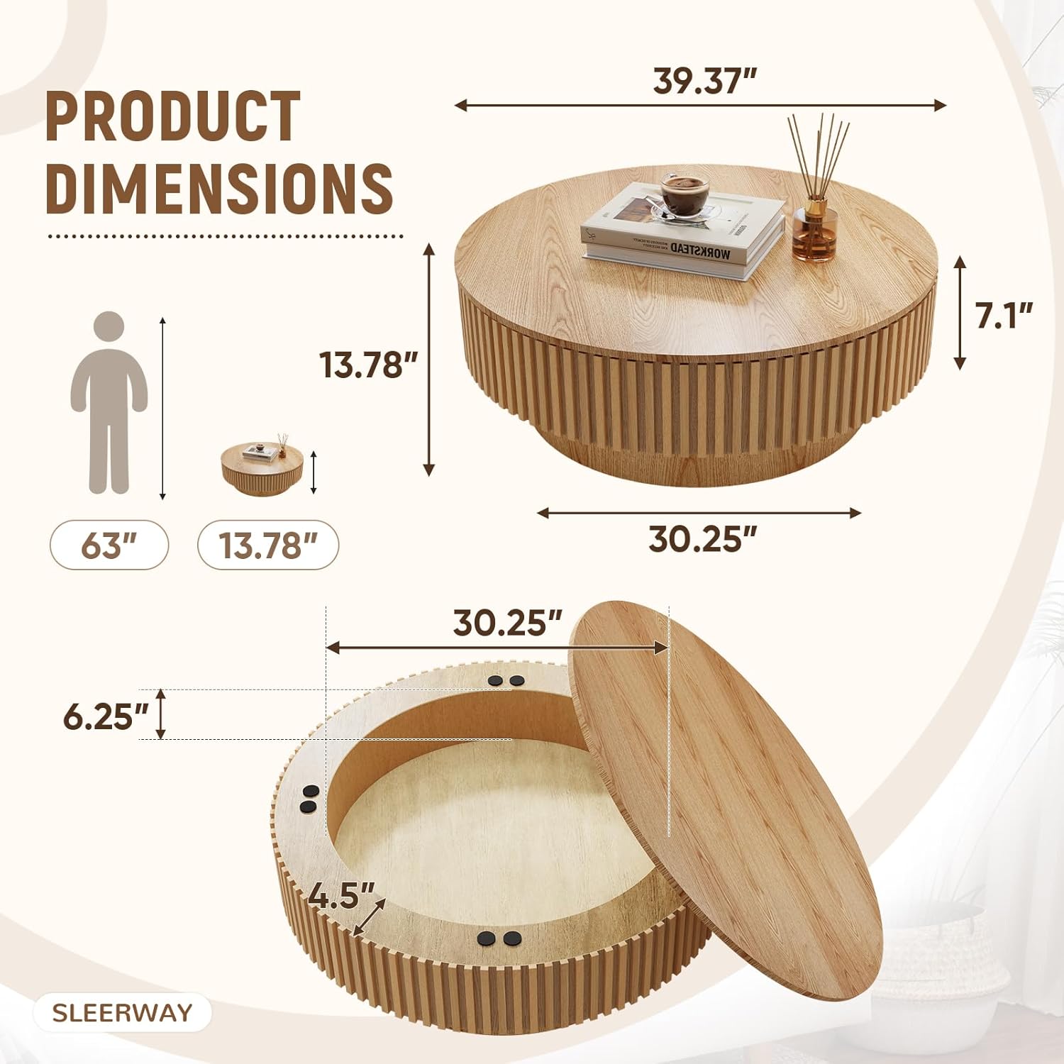 39.37'' Round Coffee Table with Storage, Modern Wooden Fluted Circle Coffee Table Oak Unique Drum Center Table Wood Circular Tea Table for Living Room, Office, Small Apartment, Natural Wood