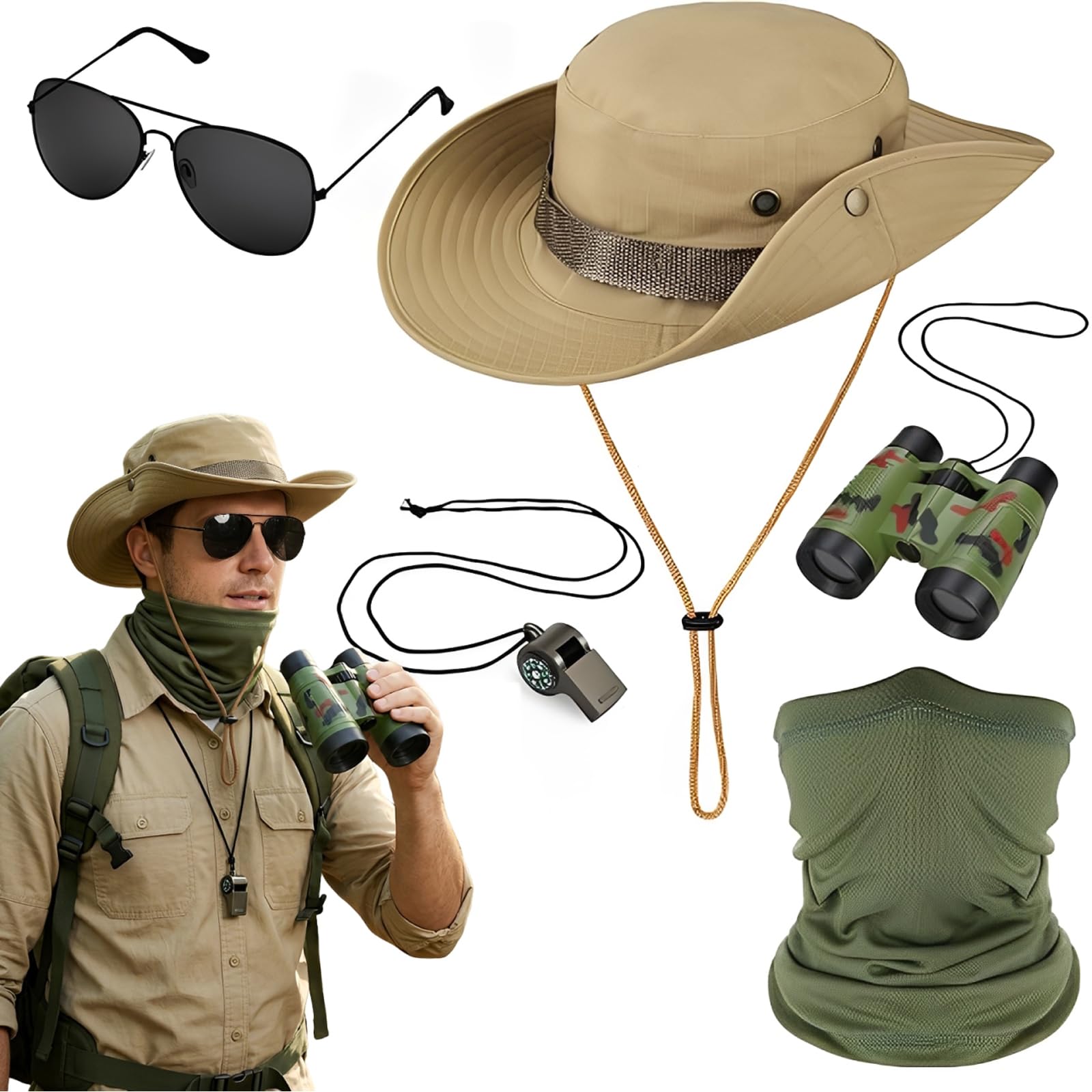 ZPSCXQ Safari Costume 5-Piece Set, Explorer Costume for Jungle Adventures and Zoo Visits, Includes Khaki Hat, Sunglasses, Binoculars and Whistle