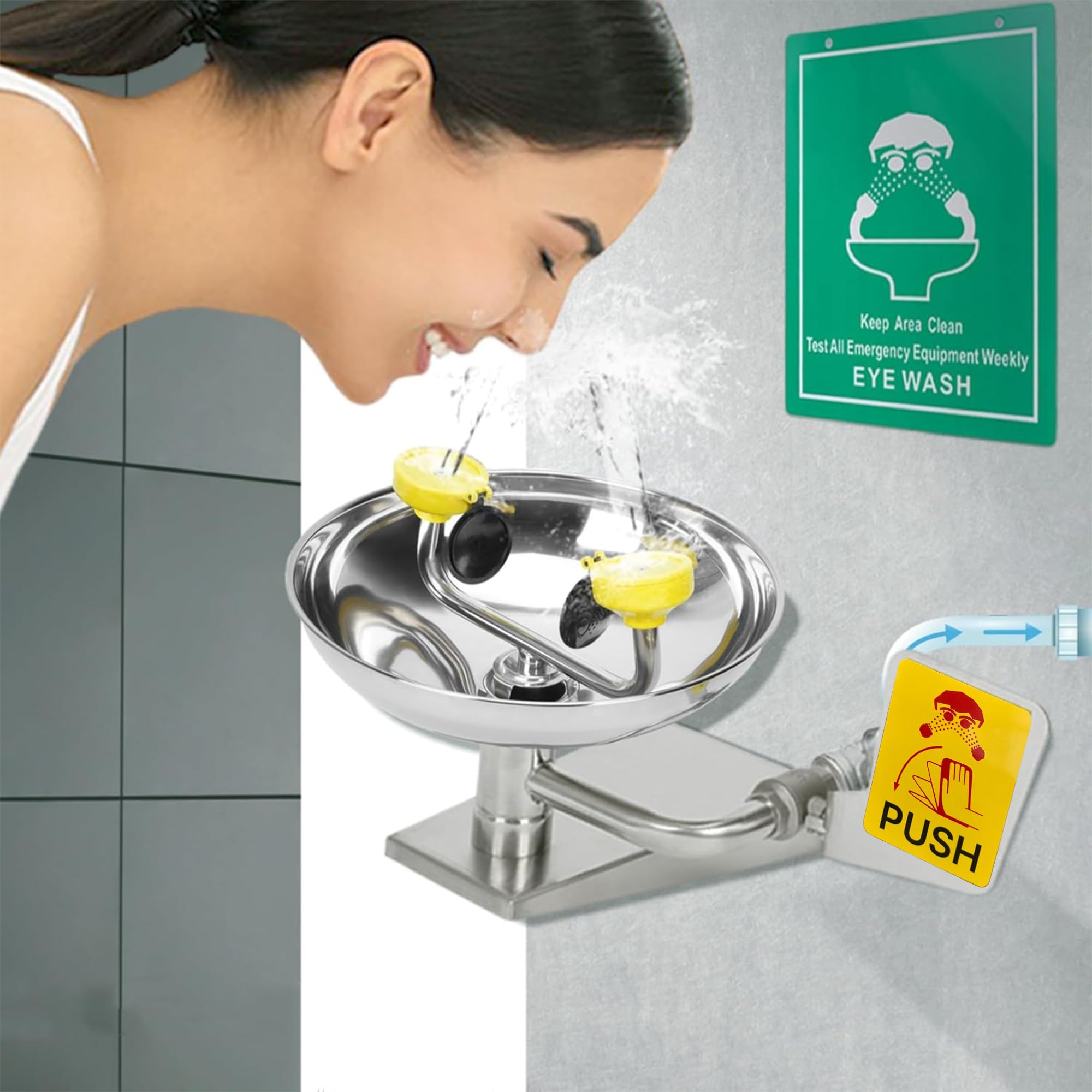 Lavabo de emergencia para montaje en pared, estación de lavado de ojos de doble boquilla, estación de lavado de ojos de acero inoxidable 304 para plantas químicas, fábrica, laboratorio, escuela (A)