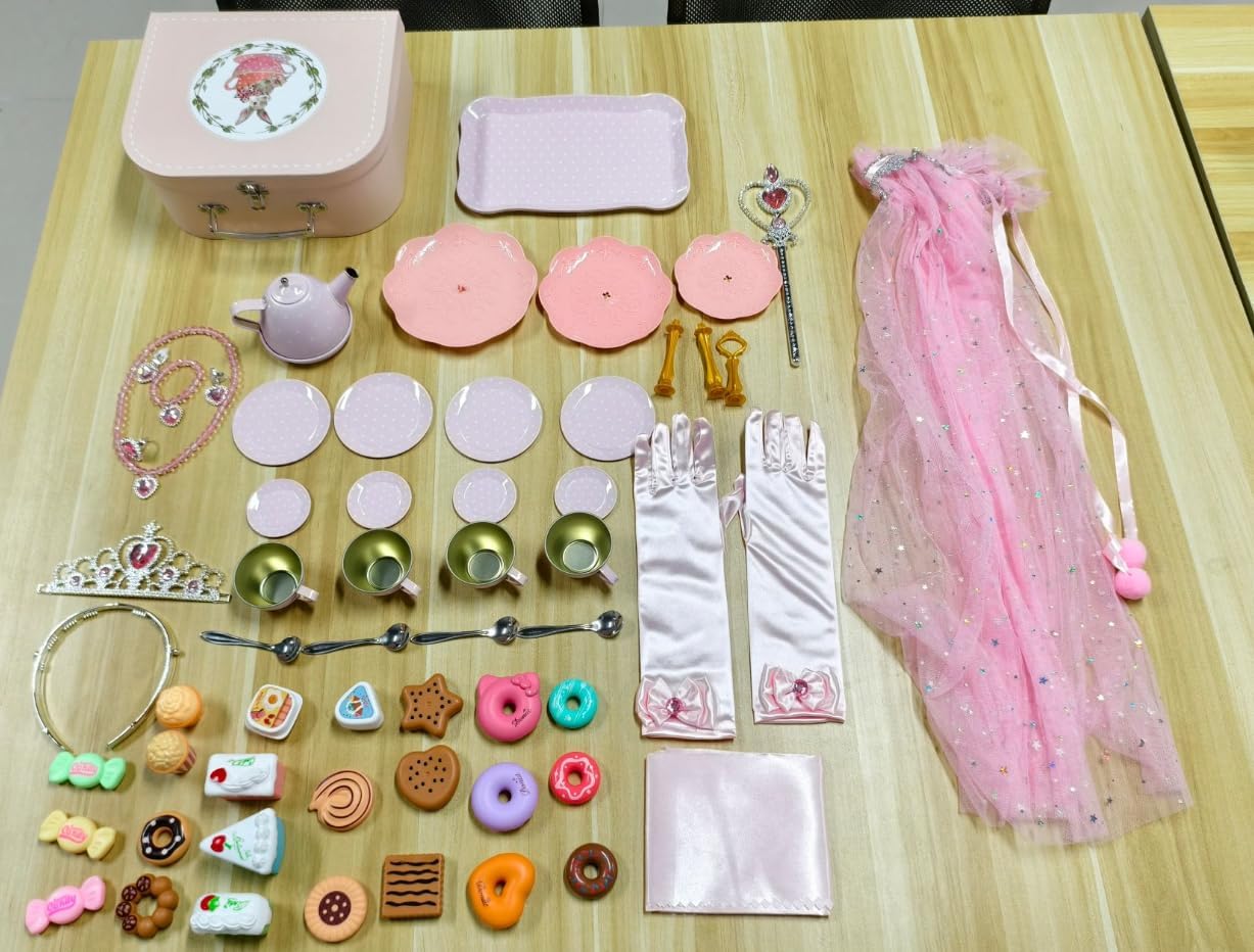 Tea Set for Toddlers, Tea Party Set for Girls, Kids Pretend Playset Toys Including Tea Set Dessert Princess Dress Up & Carrying Case, Toddler Girls Birthday Toddler Age 3-8