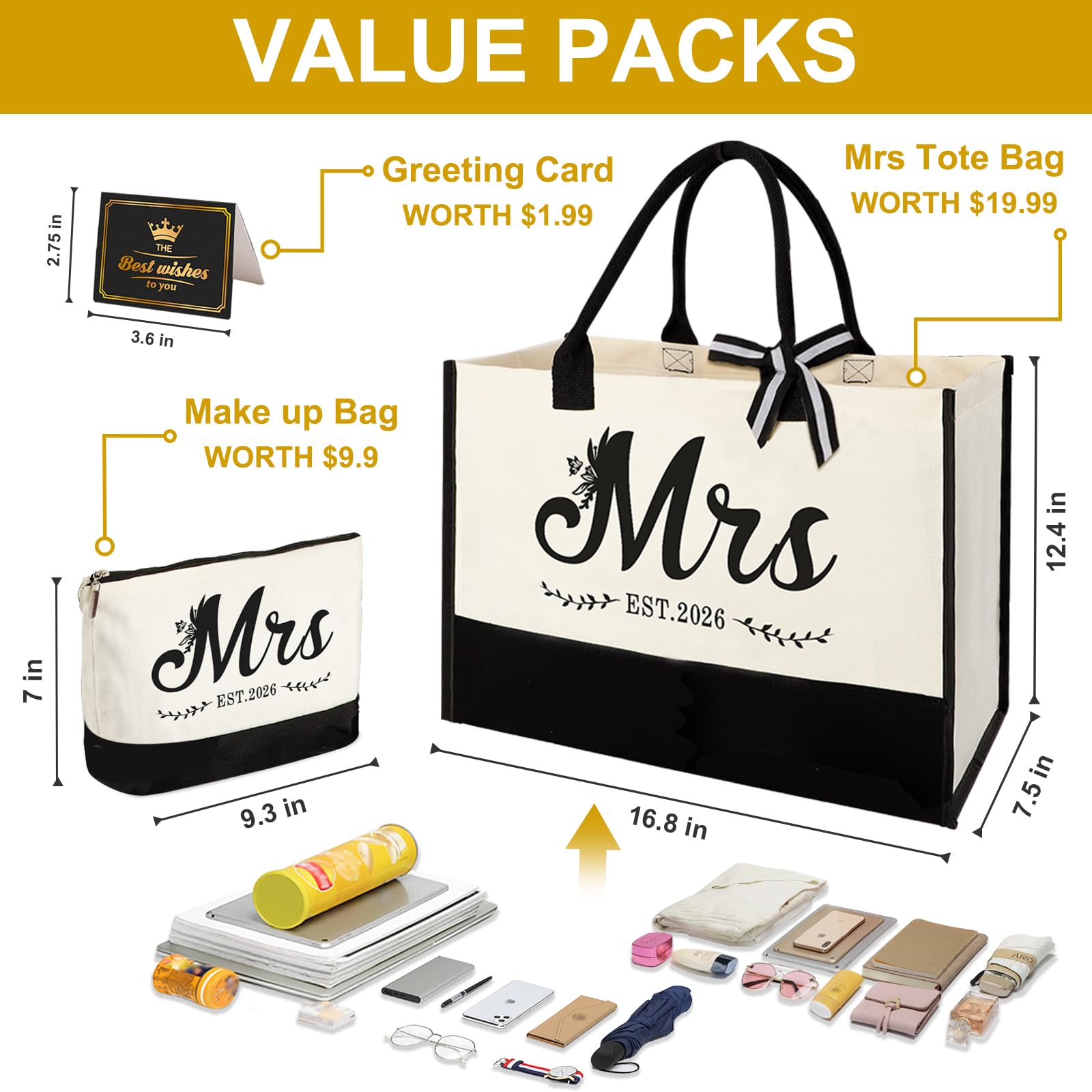 Mrs 2026 Bride Canvas Tote Bag with Makeup Bag, Wedding Gifts for Bridal Shower Bachelorette Party Engagement Honeymoon, Miss to Mrs, Bride to Be Gifts