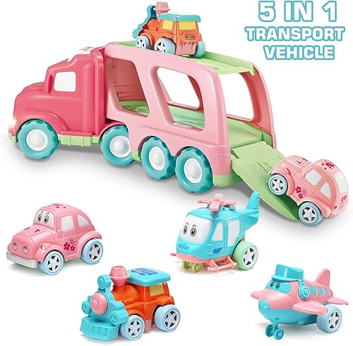 Miniatura 7 de Juego de juguetes de transporte (5 en 1) con luces y sonidos, juguete rosa para niñas pequeñas, camión de transporte de doble capa alimentado por