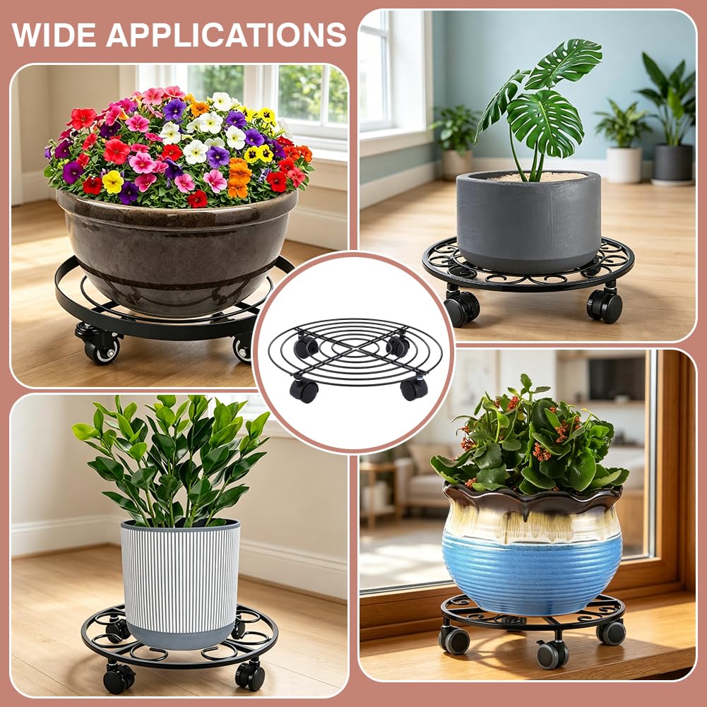 PH PandaHall 4 Pack Support à Plantes à roulettes 35cm Grand Chariot à Plantes Roulant Robuste en Fer Forgé avec Roues pour Plantes en Pot sur Terrasse Jardin Ou Balcon