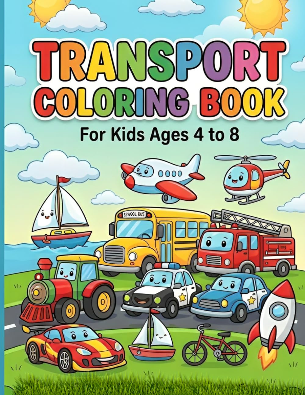 Transport Coloring Book for Kids Ages 4–8: Big and Simple Cars, Trucks, Trains, Planes, Boats and More for Preschoolers