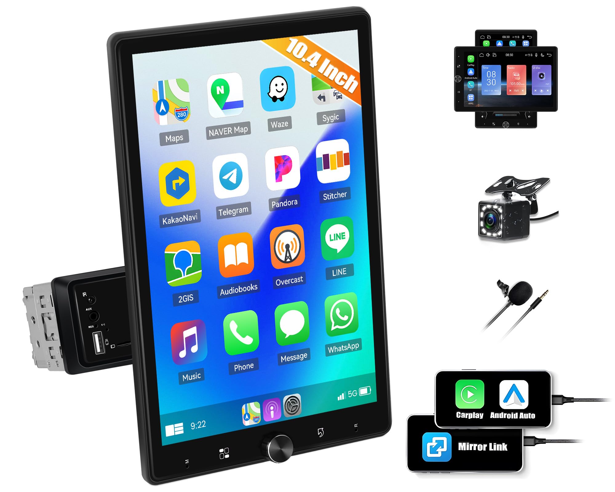 CAMECHO Autoradio 1 Din A-pple Carplay Android Auto con Telecamera Posteriore, 10.4 Pollici Schermo Girevole 2.5D 800 * 1280 Touchscreen Radio con FM Bluetooth EQ Specchio Link + Volante di Controllo