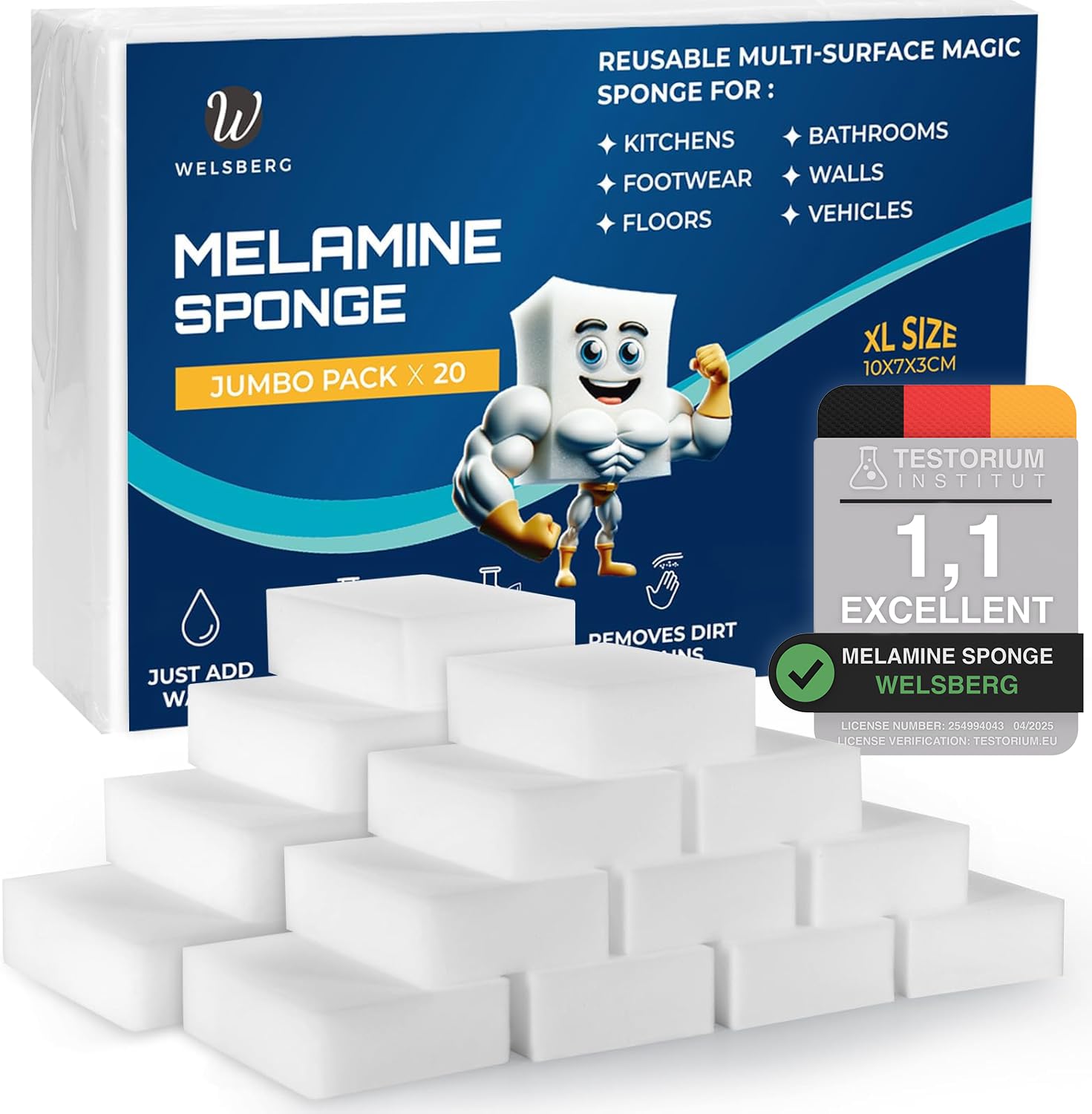 Welsberg White 20X Magic Eraser Sponges 3.9X2.7x1.2 Inches, Melamine Miracle Cleaning Pads For Walls, Floors, Shoes, Kitchen, Bathroom, Household, Multi-Surface Sponges, Strong Cleaning Power