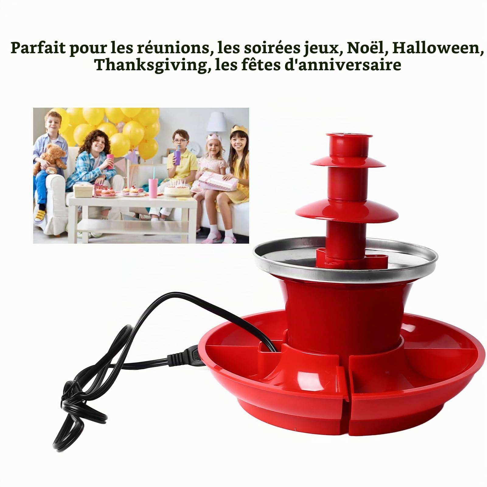 Machine à Fontaine à Chocolat à 3 Niveaux, Ensemble de Fontaine à Fondue au Chocolat électrique de 17 Oz avec Plateau de Service pour Fête D'anniversaire Mariage Chocolat Nacho
