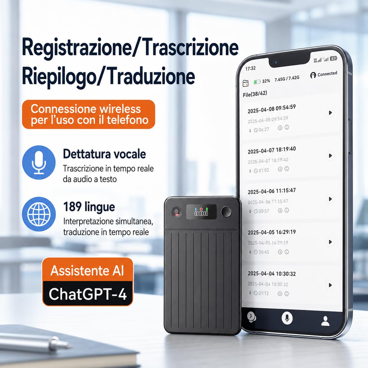 Volovivo Registratore Vocale Smart AI Con Trascrizione Traduzione e Riassunto 64GB Registratore Audio Magnetico Per Riunioni Lezioni e Interviste