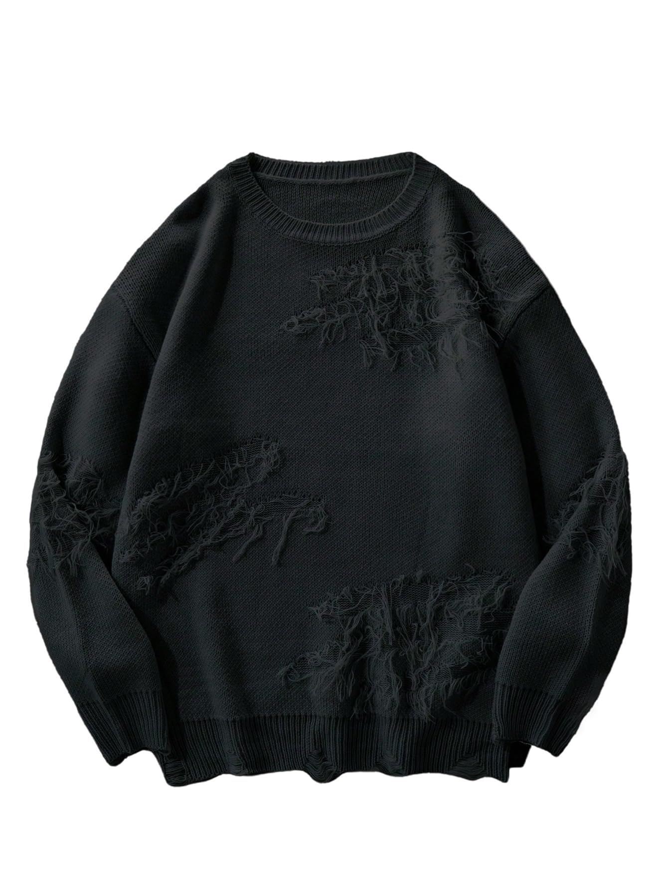Verdusa Men's Ripped Distressed Sweater Crew Neck Pullover Tops Streetwear
