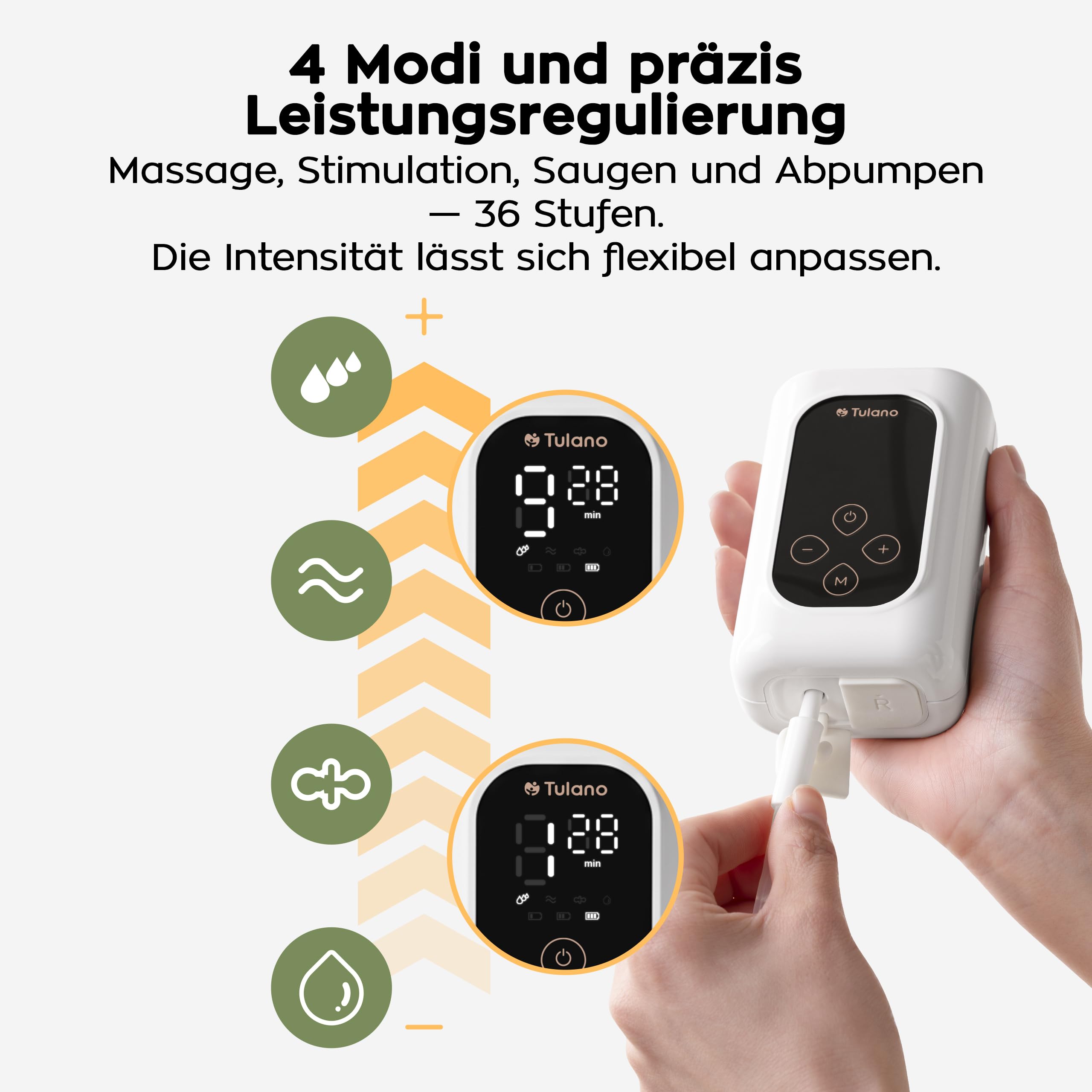 Tulano Olly 45 Doppelmilchpumpe elektrisch – Freihändig – 36 Stufen | Beidseitiges Abpumpen mit 300 ml Gesamtvolumen – 4 Programme – bis 90 Min. Akku – Trichtereinsätze 21 24 28 mm – Weiß