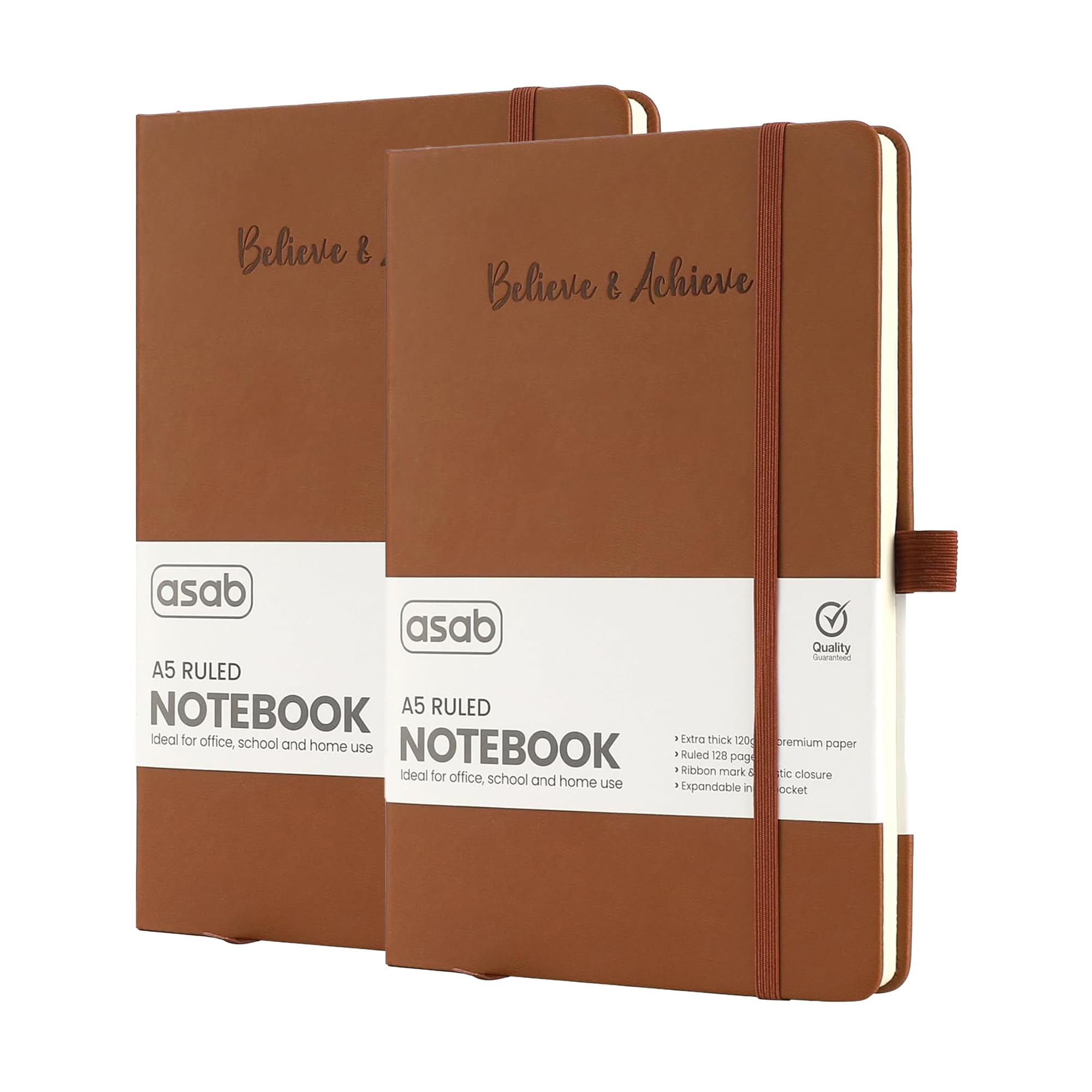 ASAB A5 Journal Notebook Lined Journal Vegan Leather Extra Thick 120gsm Premium Paper Work Notepad 128 Pages Elastic Banded with 2 Ribbon Bookmarks Business Notebook Office School (Brown (Pack Of 2))