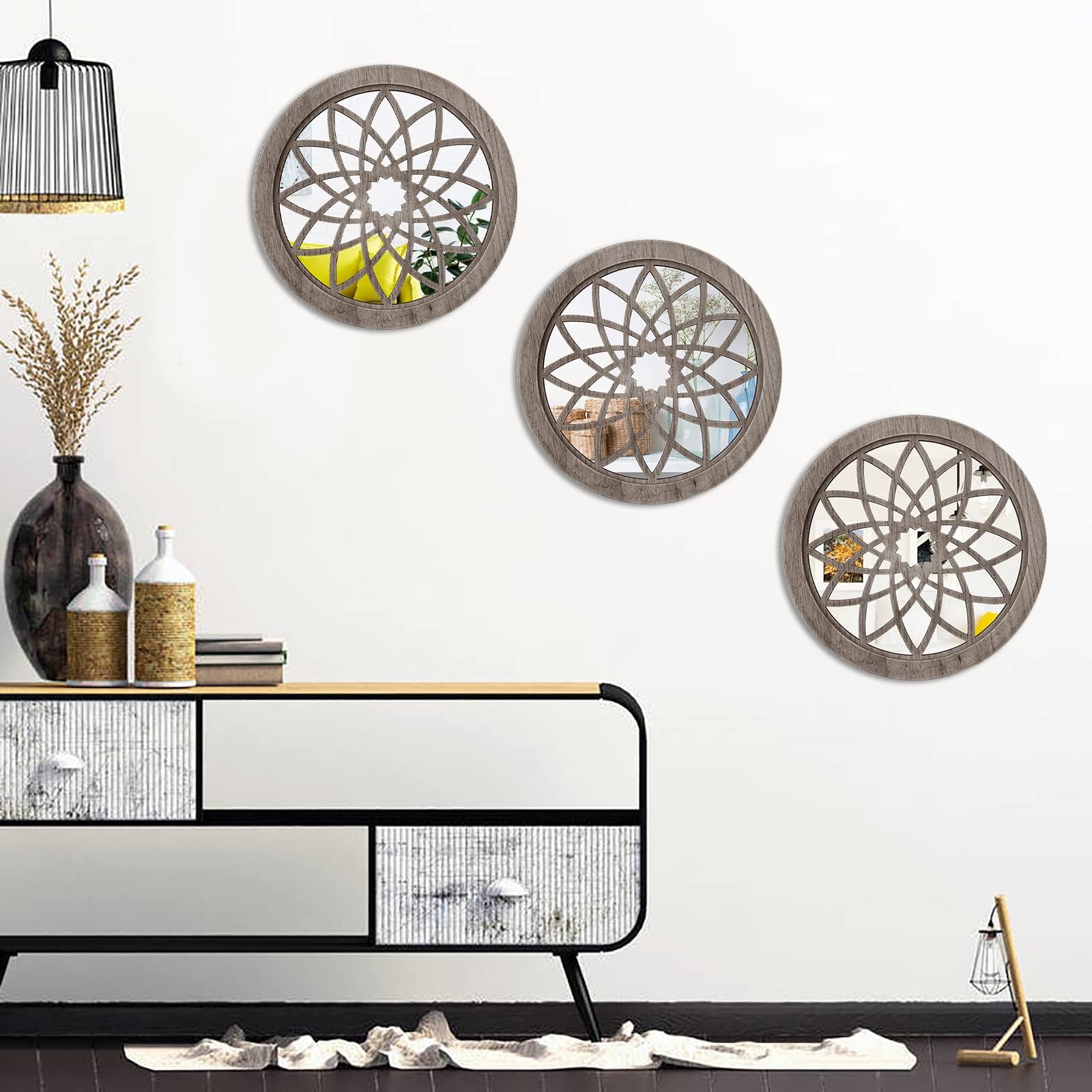 3 Set Rustic Circle Mirrors Wall Decor,Farmhouse Accent Mirrors,Barn Wood Frame Decorative Mirrors for Entry,Bathroom,Living Room,Bedroom,Kitchen,3PCS Small Mirrors Wall Art,11.8Inches