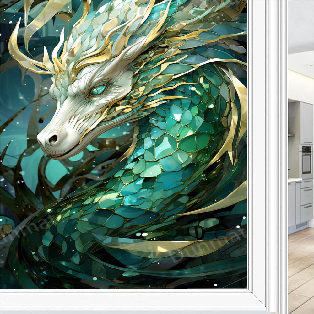 Beautiful Colorful Dragon Stained Glass Window Film Gorgeous Fantasy Animal Privacy Window Film Non-Adhesive Glass Film Decorative Static Cling Film for Home Office 90 x 160 cm