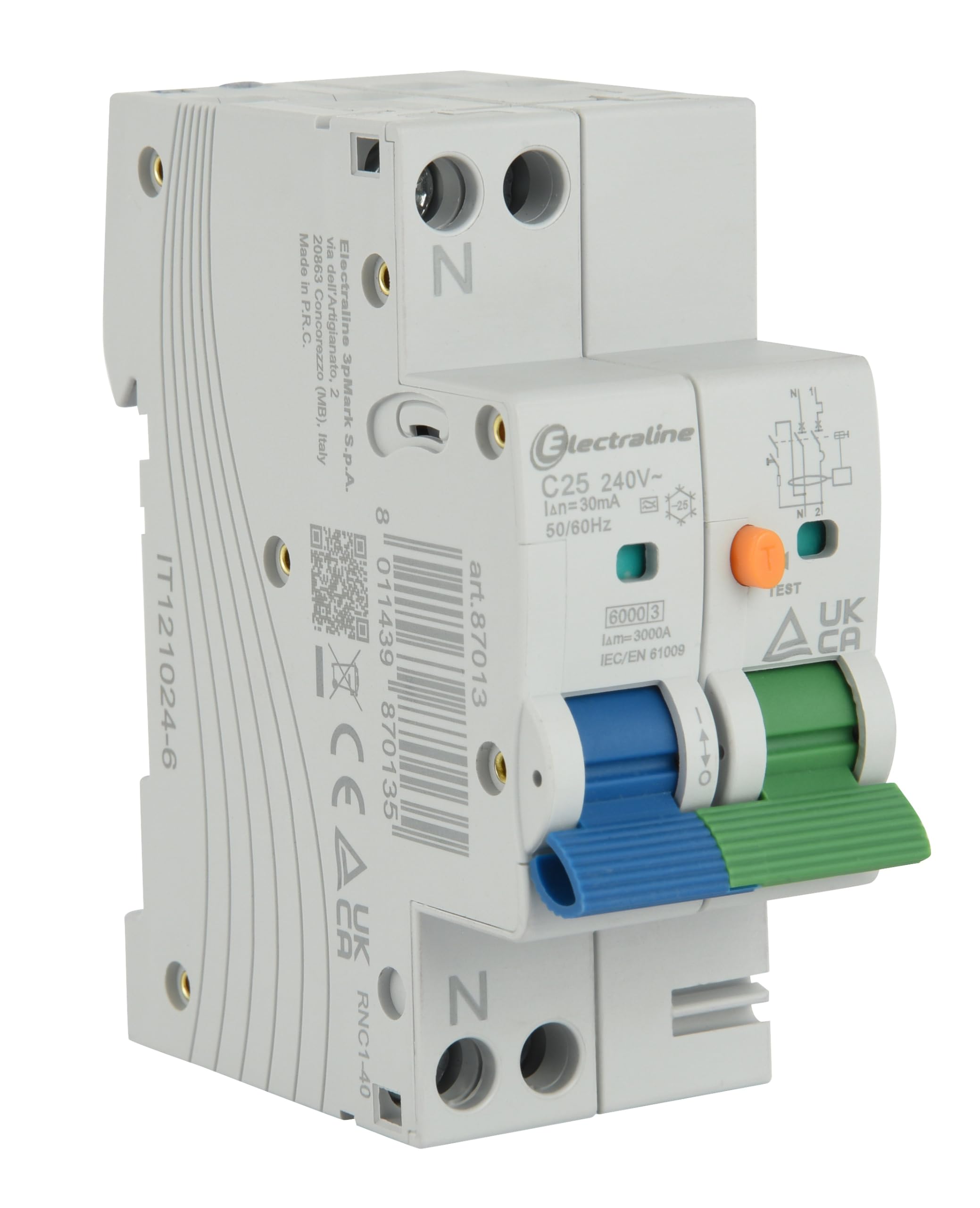 Electraline 87013 Interruttore Magnetotermico Differenziale (RCBO), 25A, Tipo A, Curva C, Sensibilità 30mA, Connessione 1P+N,