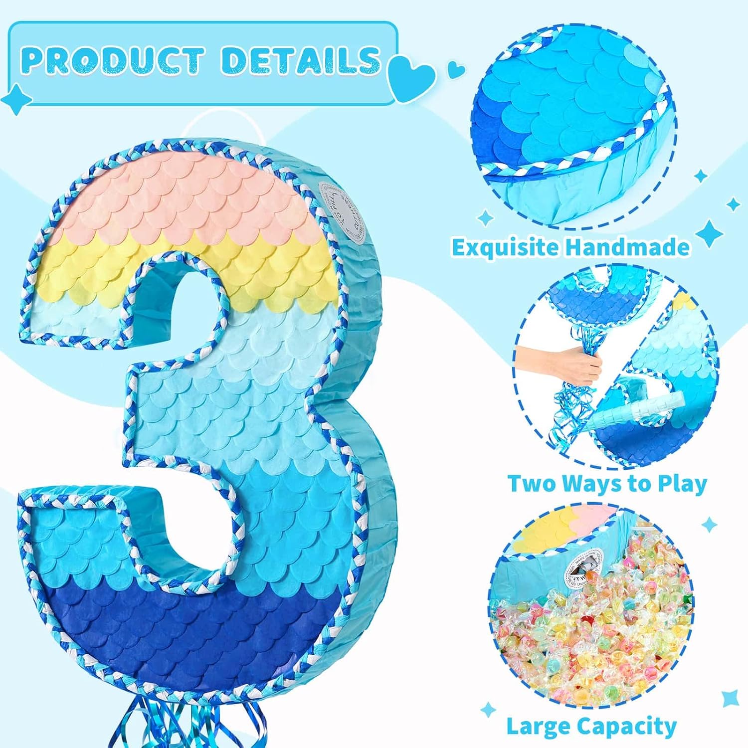 WERNNSAI Number 3 Piñata - Ombre Blue Three Piñata Birthday Party Game with Stick Blindfold for Kids Boys Girls 3rd Birthday Party Decorations（16.3" x 11.2" x 3")