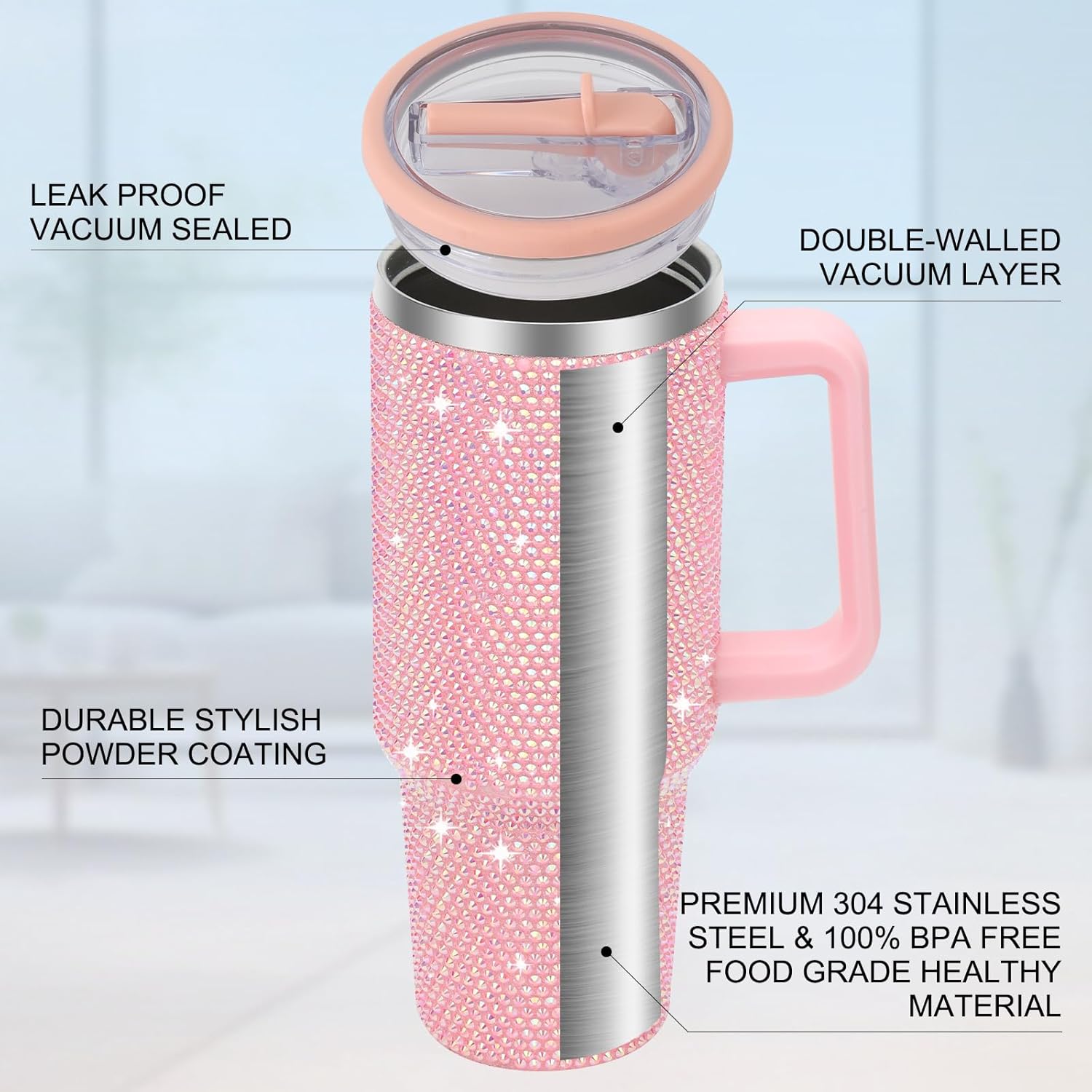 40 oz Tumbler with Handle and Flip Straw Lid, Insulated Leak Proof Double Walled Stainless Steel Rhinestone Diamond Studded Bling Travel Mug Tumblers, Maintains Cold Ice and Heat for Hours - Image 7
