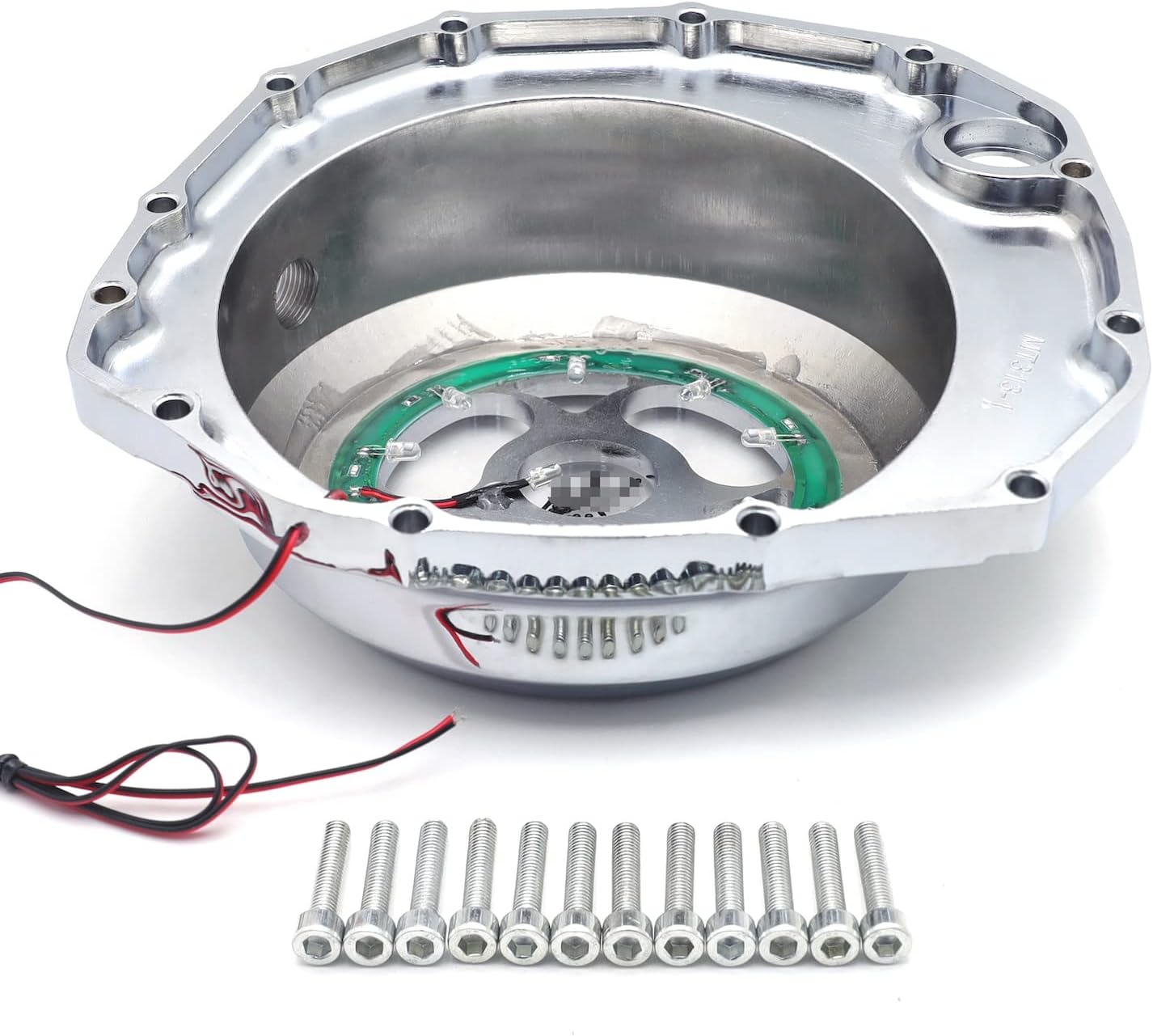 HTTMT- Chrome w/Red LED Engine Clutch Cover Compatible with 1999-2020 Suzuk GSXR1300 Hayabusa [P/N: MT313-001A-CD+RED]