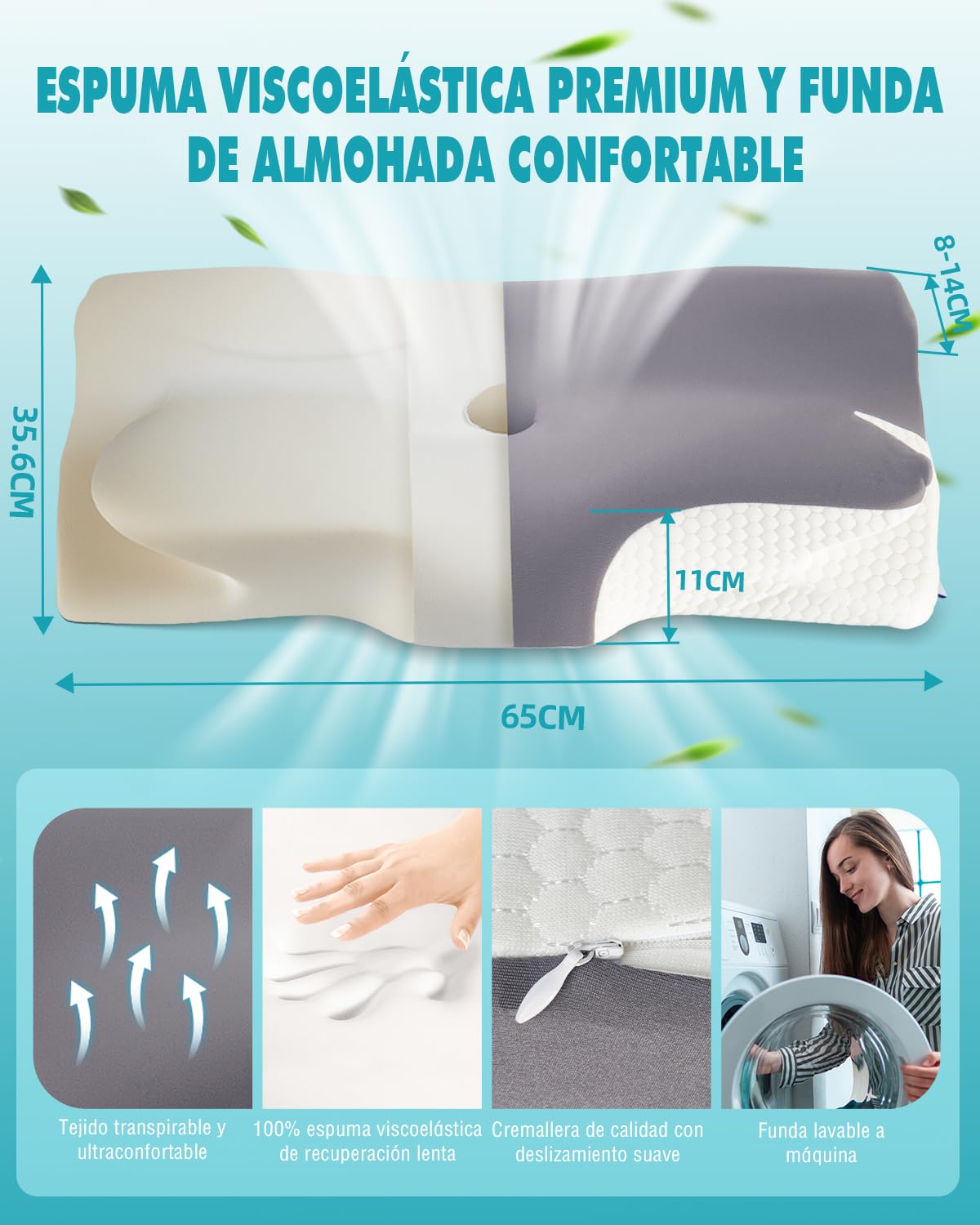 IDEA Almohada Cervical, Almohada Ergonómico de Espuma Viscoelastica, Almohada Ortopedica Espuma de Memoria, Almohada Cervicales y Cuello para Dormir de Lado y Boca Arriba, Memory Foam Pillow