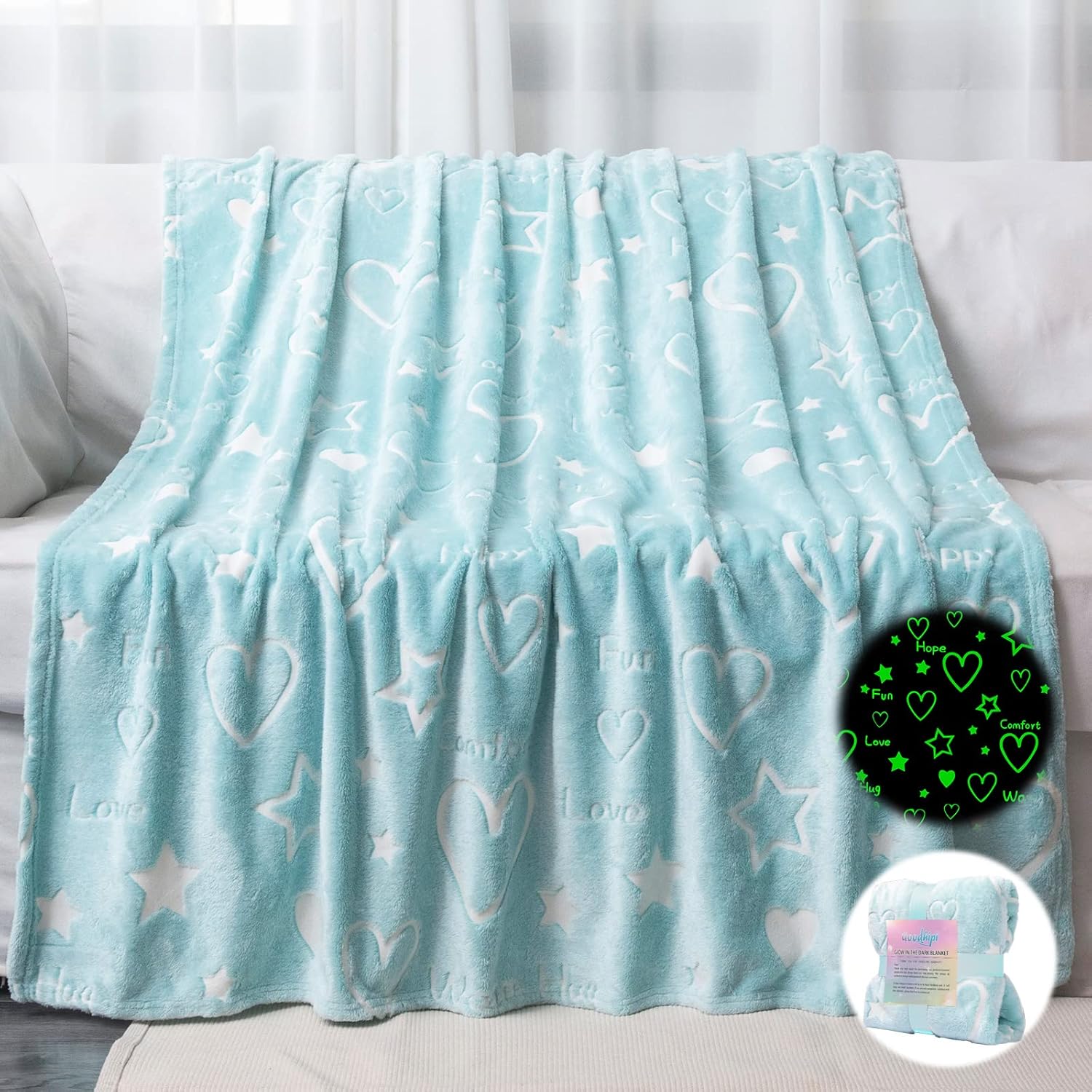 Glow in The Dark Heart Stars Blanket, Gifts for Girls Women Mom,Soft Warm Cozy Blue Blanket for Girls,Gifts for Mothers Day Kids Birthday Gifts Presents Kids 3-12 Age,50"x 60"