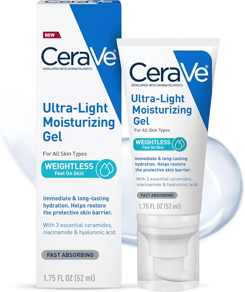 CeraVe Ultra-Light Moisturizing Gel, Hydrating Gel Face Moisturizer For Men &amp; For Women with Ceramides, Niacinamide, Hyaluronic Acid, Fragrance Free, Oil-Free, Mattifying Moisturizer, 1.75 FL Oz