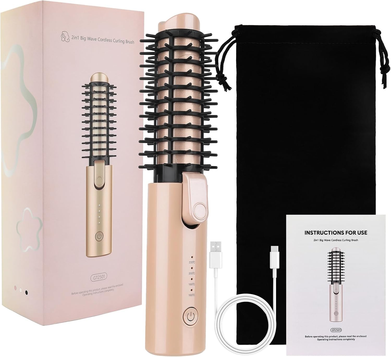 Cordless Curling Iron Brush, Mini Travel Hot Straightener Comb Curl Brush, Rechargeable 4 Temps Cordless Wand Blush with 200 Million Negative Ions for Curls Straightening Styling (Pink)
