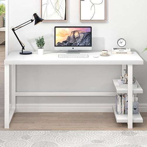 Miniatura 7 de EXCEFUR Escritorio blanco para computadora, moderno escritorio de oficina en casa con estante de almacenamiento, mesa de estudio de escritura de